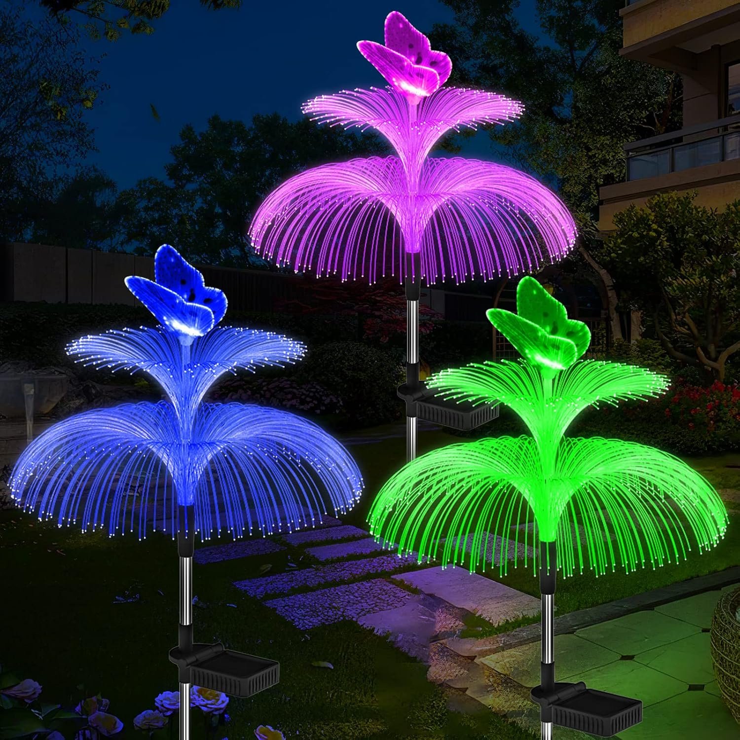 Weepong Solar Garden Lights Waterproof 3 Pack Solar Lights Outdoor Decorative 7 Color Changing Double Jellyfish and Butterfly Flower Garden Decor Yard Christmas Pool Outdoor, Gifts for Mother’s Women