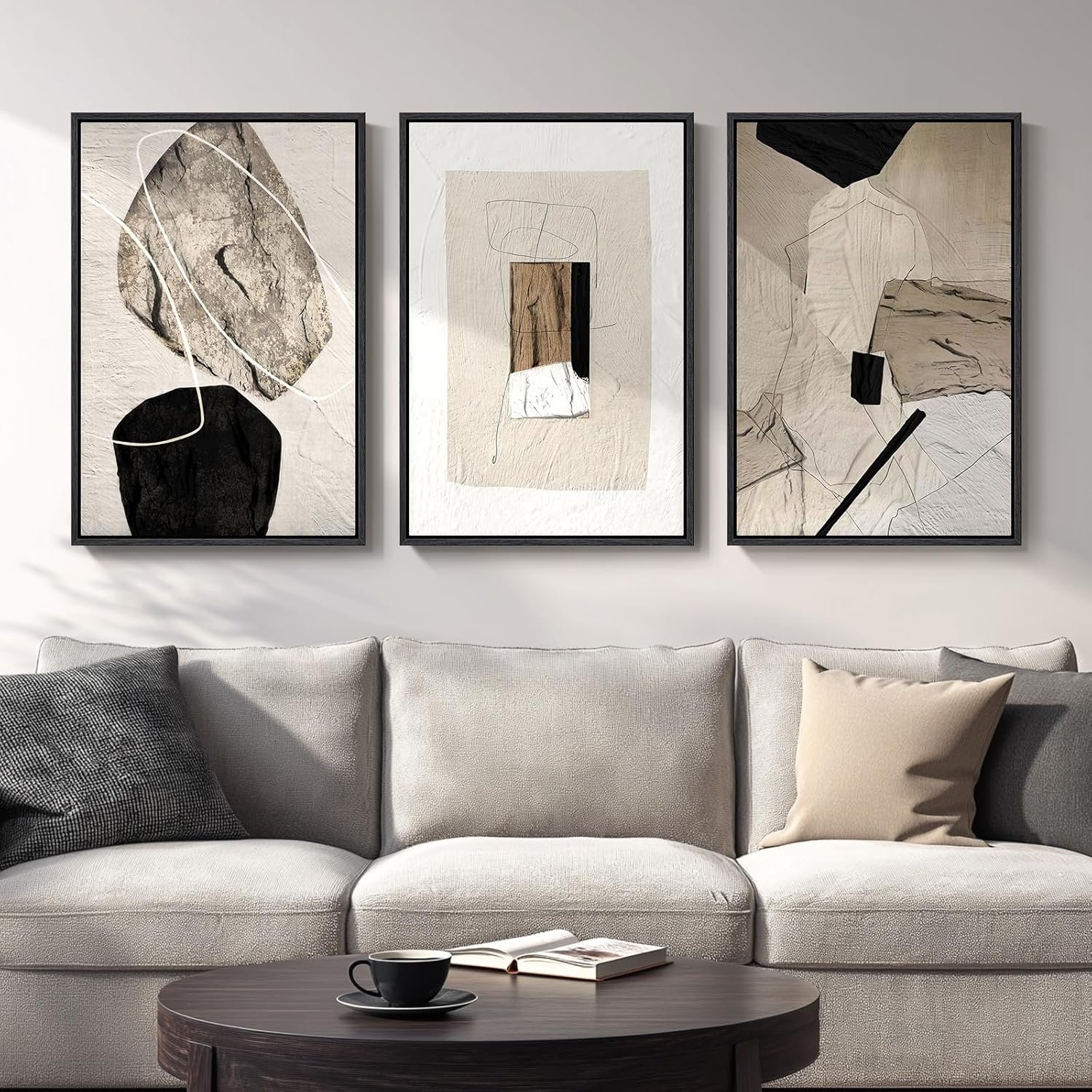 Large Framed Neutral Abstract Wall Art, 3 Piece Modern Canvas Prints Paintings Artwork for Walls, Minimalist Black Beige Pictures for Living Room Hallway Dining Room Bedroom Wall Decor -Total 30×60 In