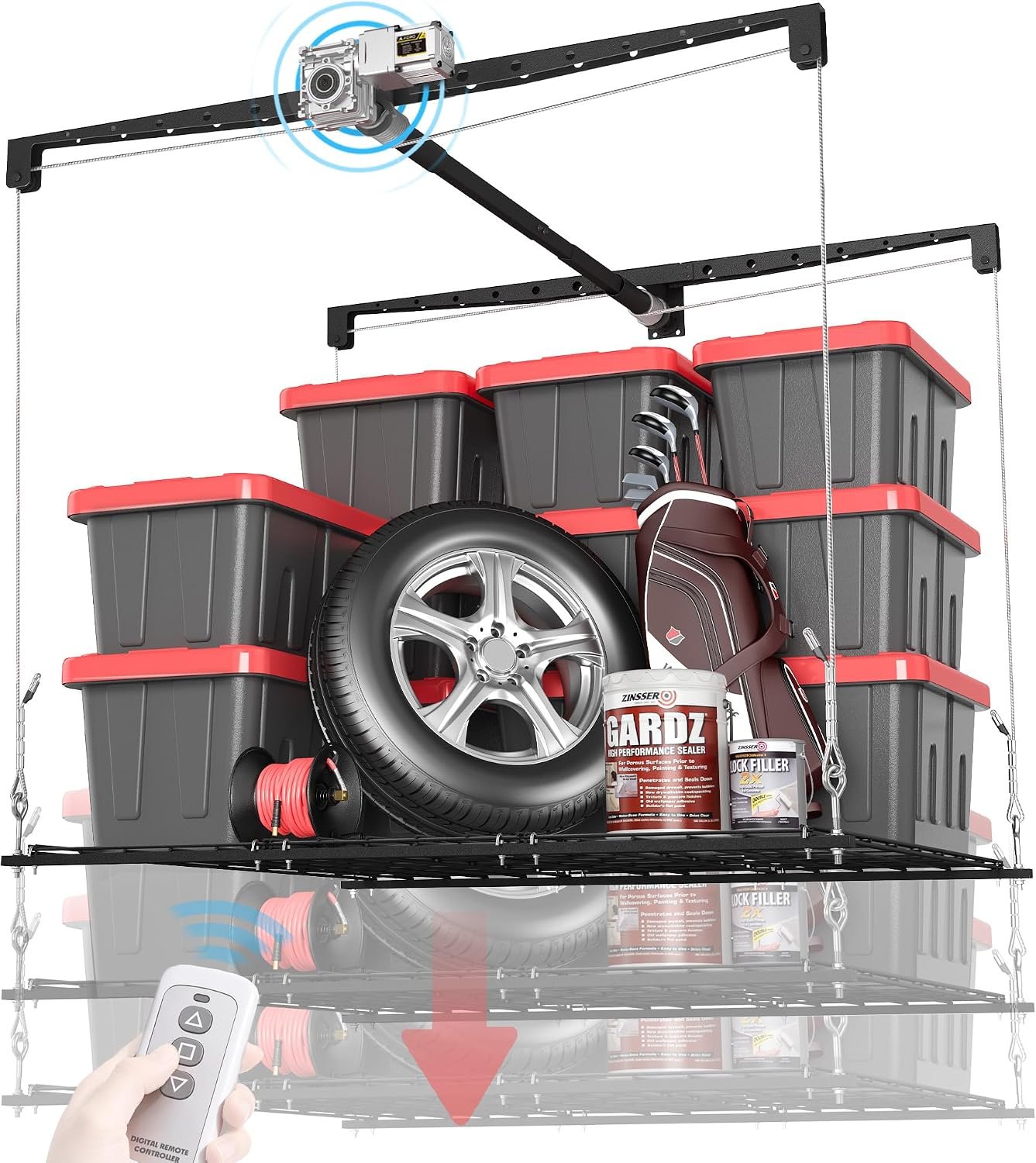 Motorized Garage Ceiling Storage Racks with Remote Control, 4×4 FT Overhead Garage Storage Rack, Heavy-Duty Lift Storage System, Space-Saving Hanging Shelves, 250 Lbs Capacity