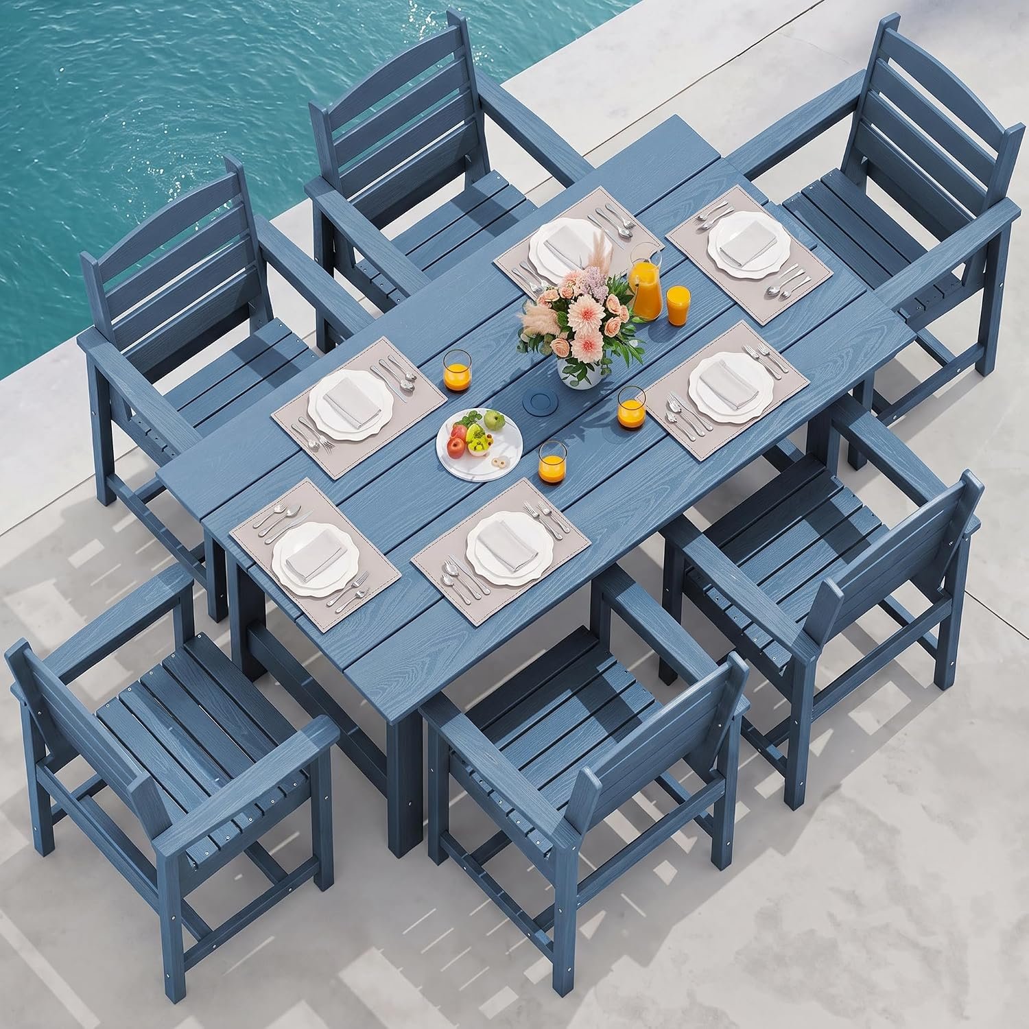 SERWALL 7-Piece Patio Dining Table Sets, Outdoor HDPE Dining Furniture Set with Umbrella Hole Cut-Out Table and 6 Chairs, Blue