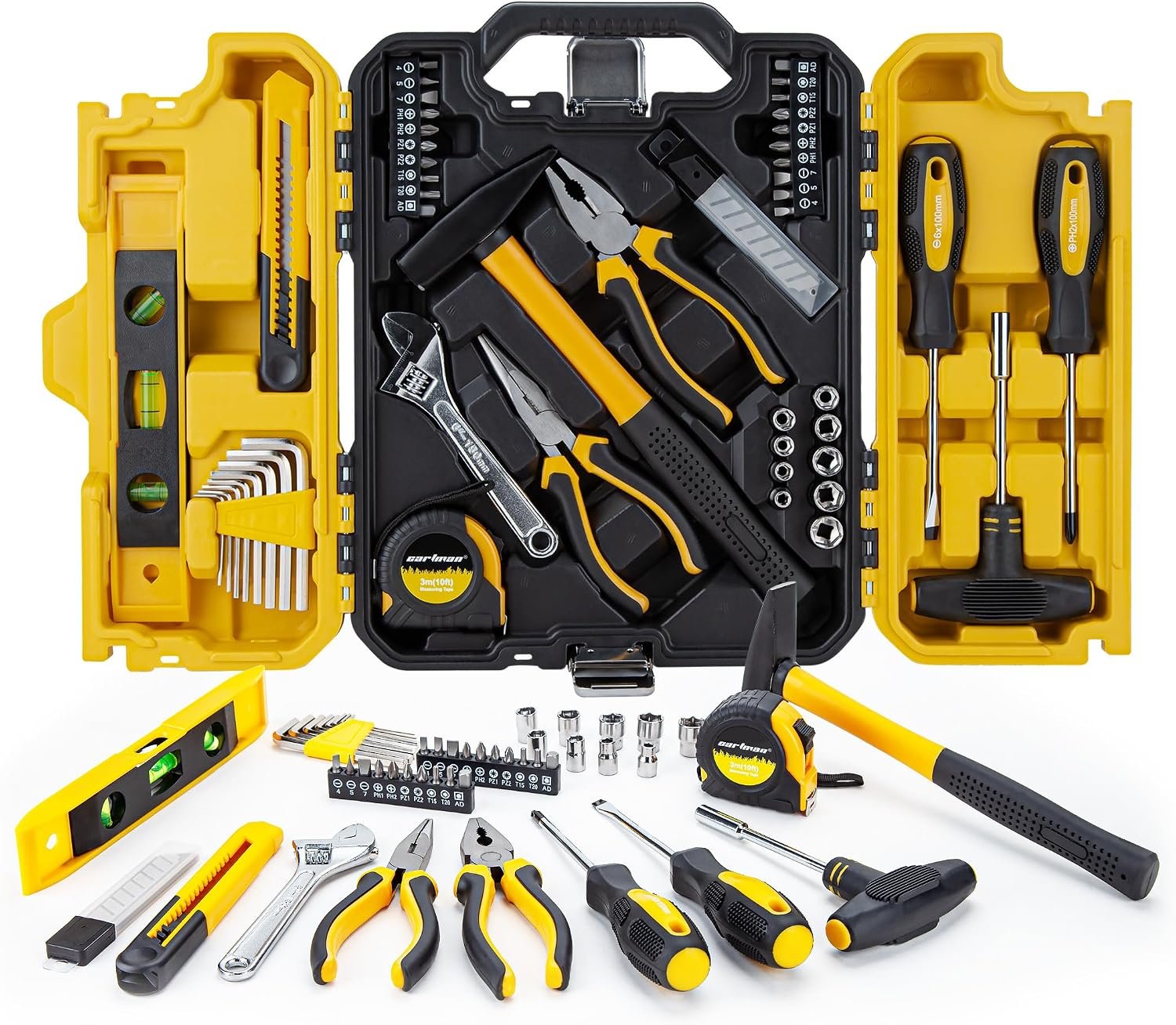 CARTMAN 57-Piece Home Tool Kit, Household Essential Hand Tool Set with Durable Plastic Toolbox, Perfect for Home Repair, Maintenance and DIY Projects, Yellow