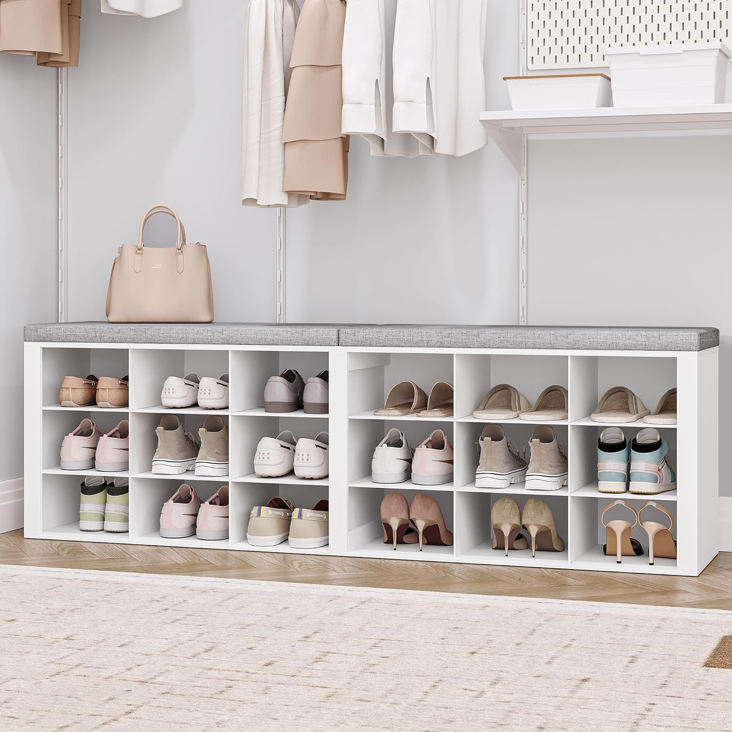 Hzuaneri Shoe Storage Bench with Cushion, Entryway Storage Bench with 18 Cubbies, 9.5″ Widened Organizer Cabinet, Long Cubby Rack for Living Room, Bedroom, Entryway, White SB25703GY