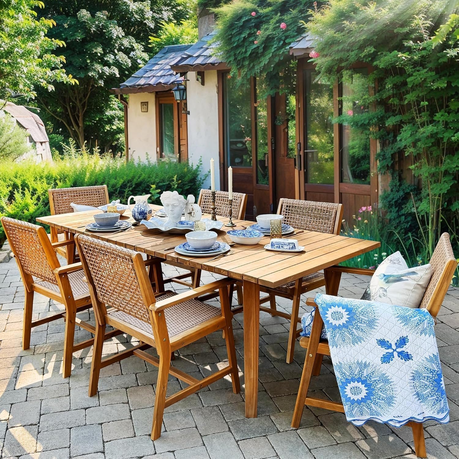 PHI VILLA 7 Pieces Acacia Wood Outdoor Dining Set for 6, Teak Large Wooden Table & Chairs with Wicker Seat and Back, Farmhouse Dining Furniture Set for Patio, Deck, Yard, Porch