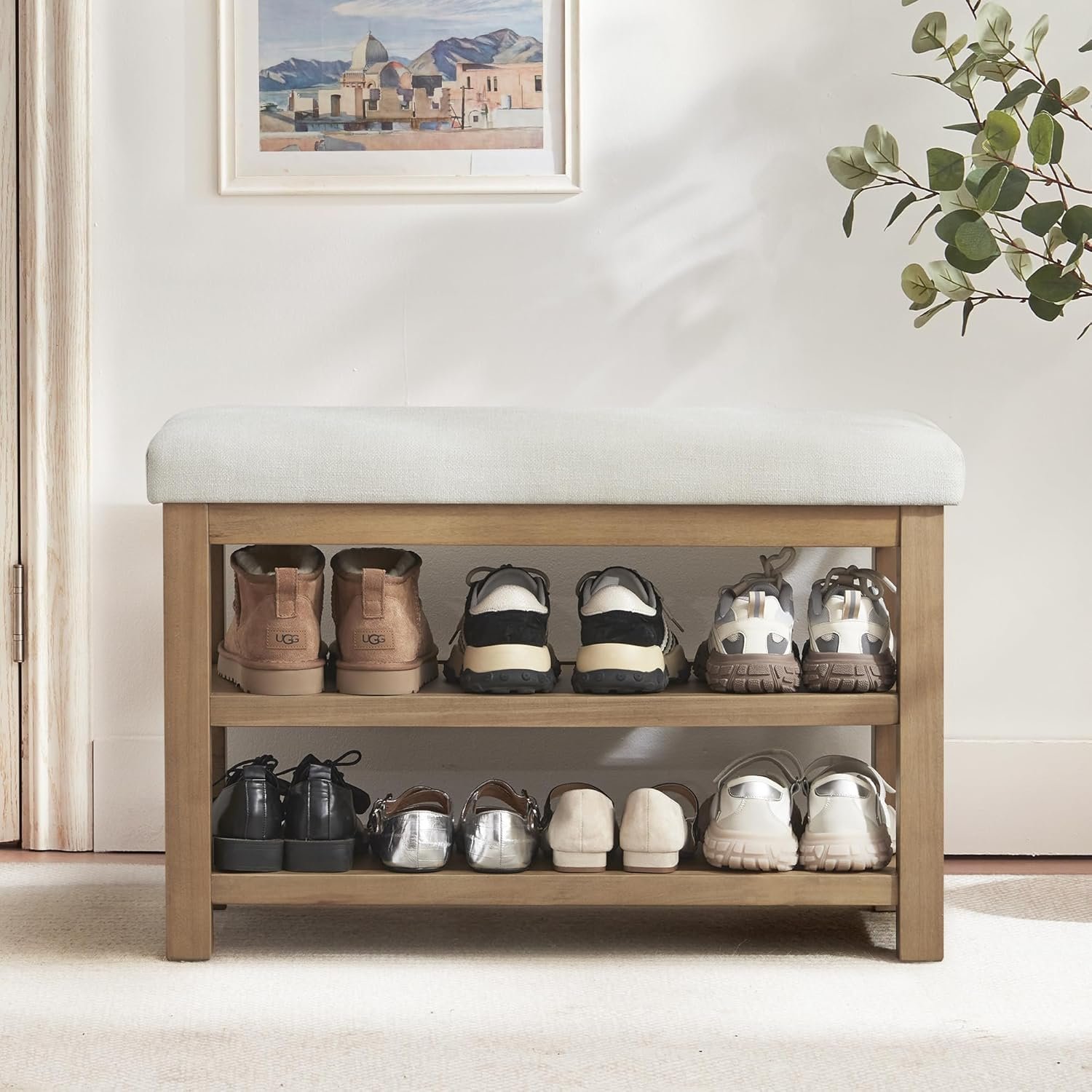 Zihanhome 2 Tier Shoe Rack Bench with Cushion, Solid Wood Shoe Benches, Mid-Century Modern Shoe Storage Bench for Entryway, Hallway, Living Room, Closet, Front Door Entrance, (Beige, 31.5″)