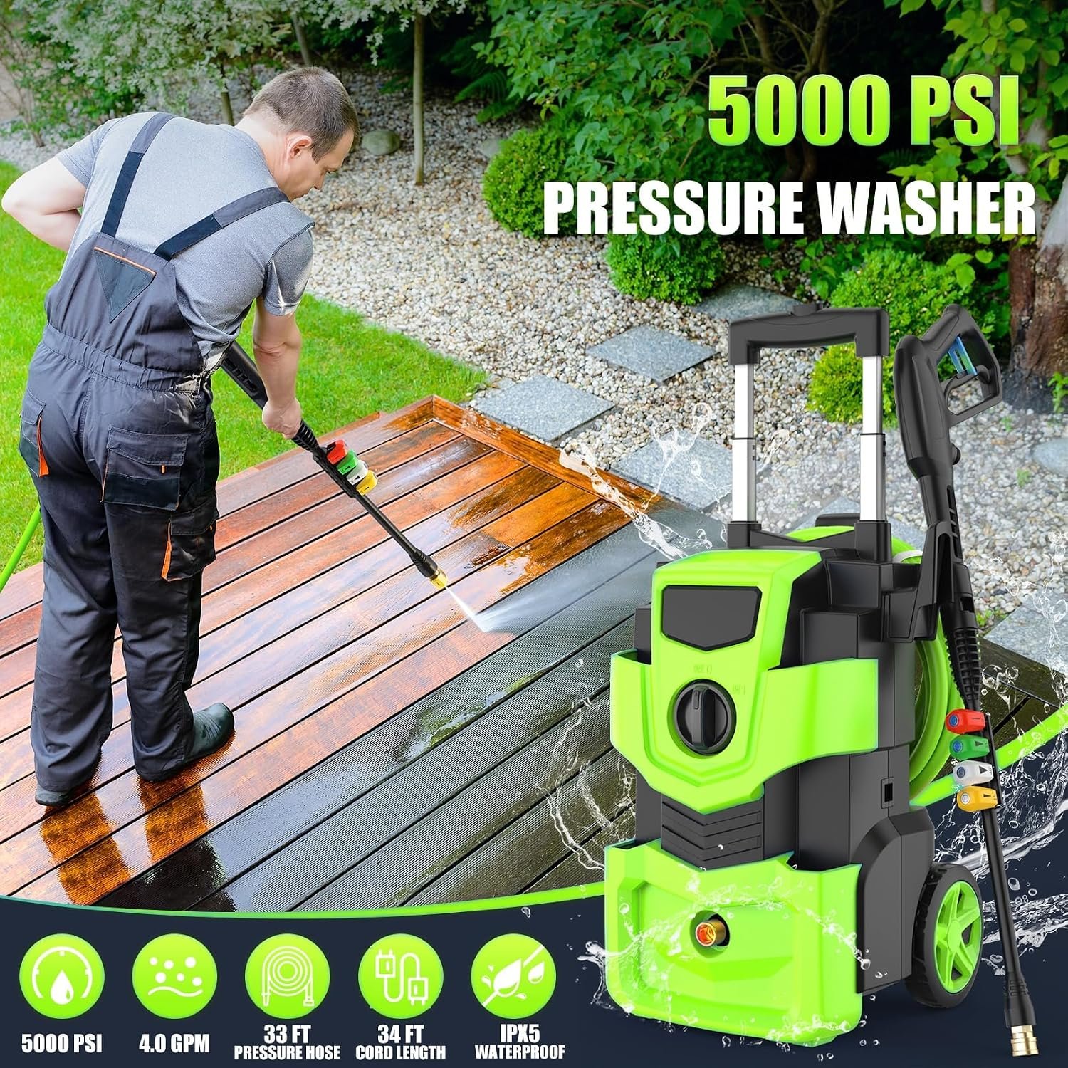 5000 PSI Professional Electric Pressure Washer,4.0 GPM Heavy Duty Power Washer with 4 Nozzles,Foam Cannon,33FT Hose and 500ml Soap Bottle for Home/Cars(Green)