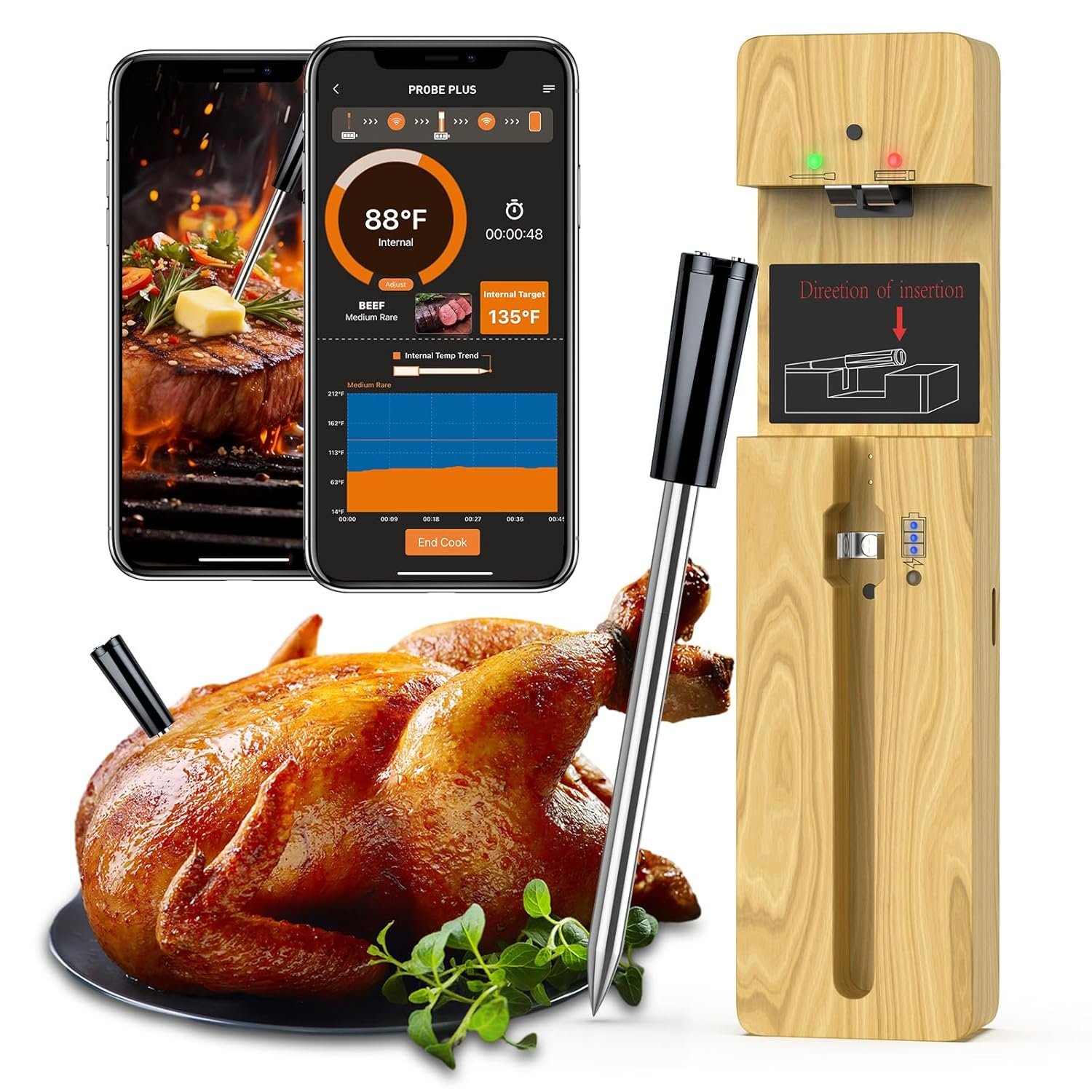 Wireless Meat Thermometer Bluetooth with Ceramic Probe: Waterproof Digital Oven Food Thermometer for Grill Fryer BBQ, 600Ft Range & Smart App for iOS/Android/air Suitable for Home/Commercial Bakeware