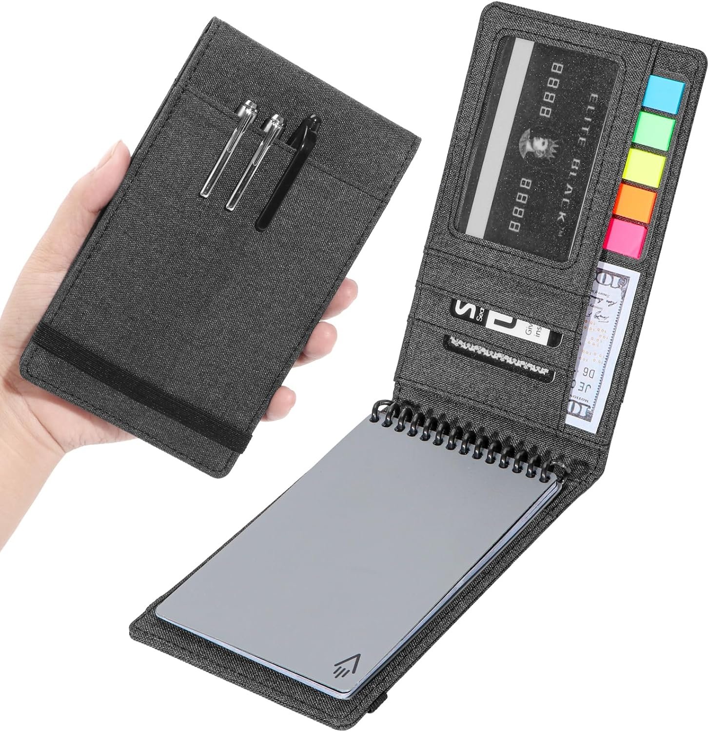 Notebook Cover for Rocketbook Mini & Field Notes Top Spiral (3.5″x5.5″) – Durable Waterproof Case with Pen Holder & Card Slot, Power User Productivity Kit (Black)
