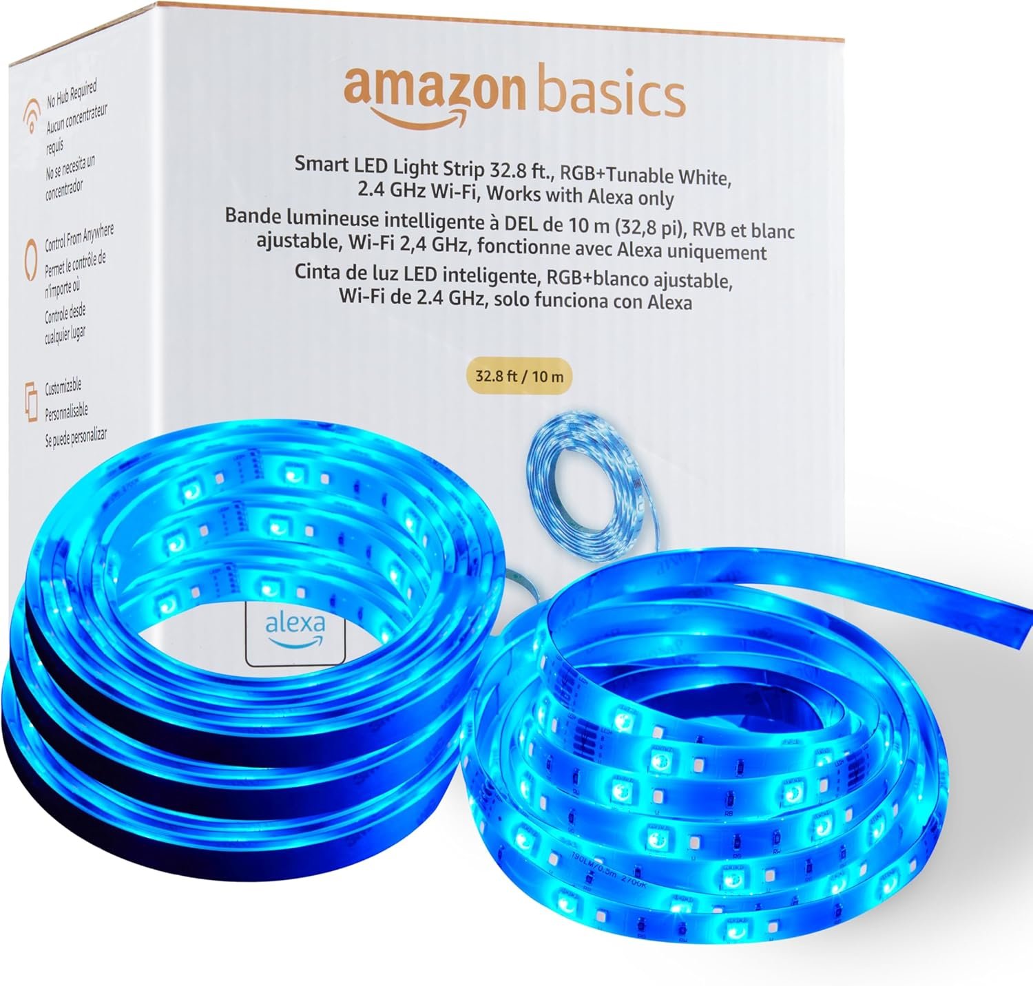 Amazon Basics Smart LED Light Strip, 32.8 Feet (2 Rolls of 16.4 Feet), RGB + Tunable White, Color Changing, App Control, Voice Control, Works with Alexa Only, 2.4 GHz Wi-Fi, No Hub Required