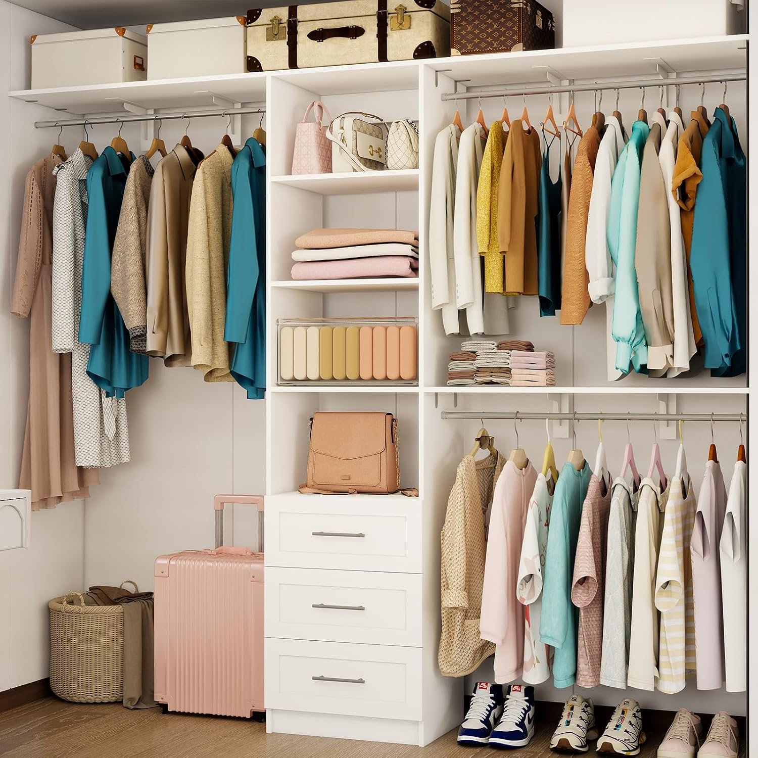 Closet System with Drawers, 5FT-8FT Closet Organizer System with Shelves & Expandable Hanging Rods, Walk in Storage Closet System Wood, White