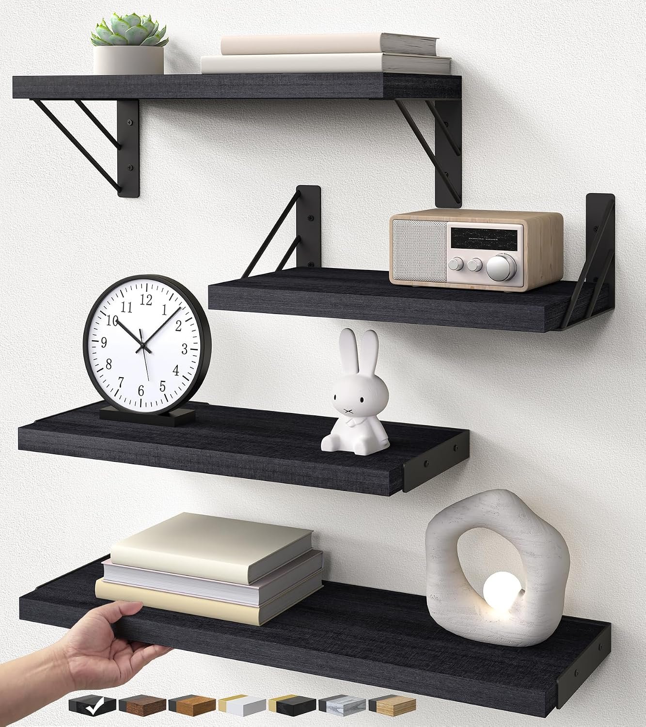 BAYKA Wall Mounted Floating Bathroom Shelves, Wood Wall Shelf for Bathroom Essentials & Decor, Space-Saving Display & Organizer (Black, Set of 4)