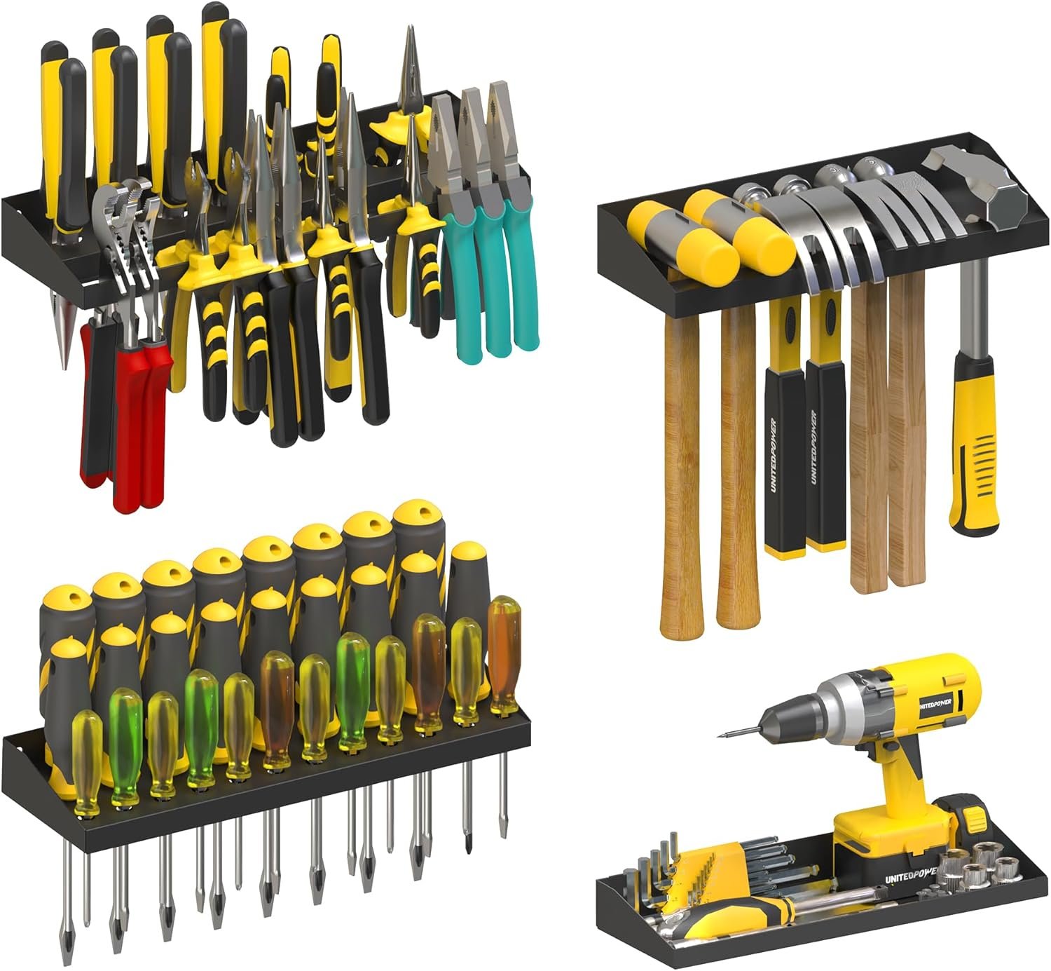 UNITEDPOWER Wall Mount Hand Tool Storage Set, Screwdriver Organizer, Pliers Holder, Hammer Rack, Metal Hardware Tray for Garage Workshop Workbench – 4 Pack