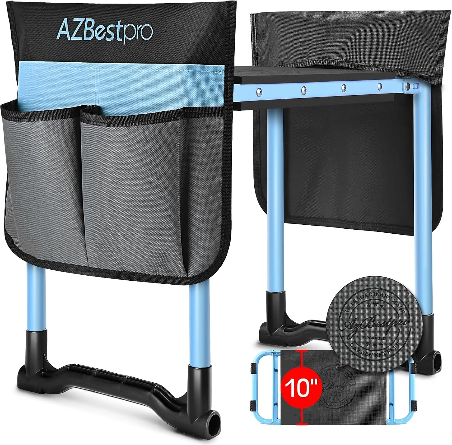 AZBESTPRO Garden Kneeler and Seat, Upgraded Foldable Heavy Duty Gardening Stool – Widened to 10″ Stable Wear-Resistant Prevent Knee and Back Pain, Bench High-End 2 Large Tool Bags Gift for Men Women