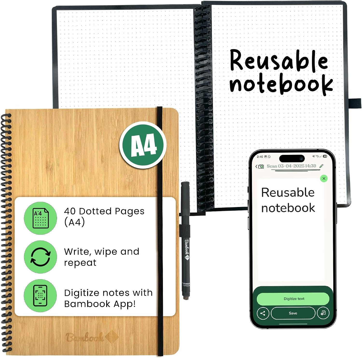 Bambook Classic Notebook – Bamboo Wood Hard Cover – A4 – Polka Dot Reusable Notebook, Notebook, Reusable Notebook