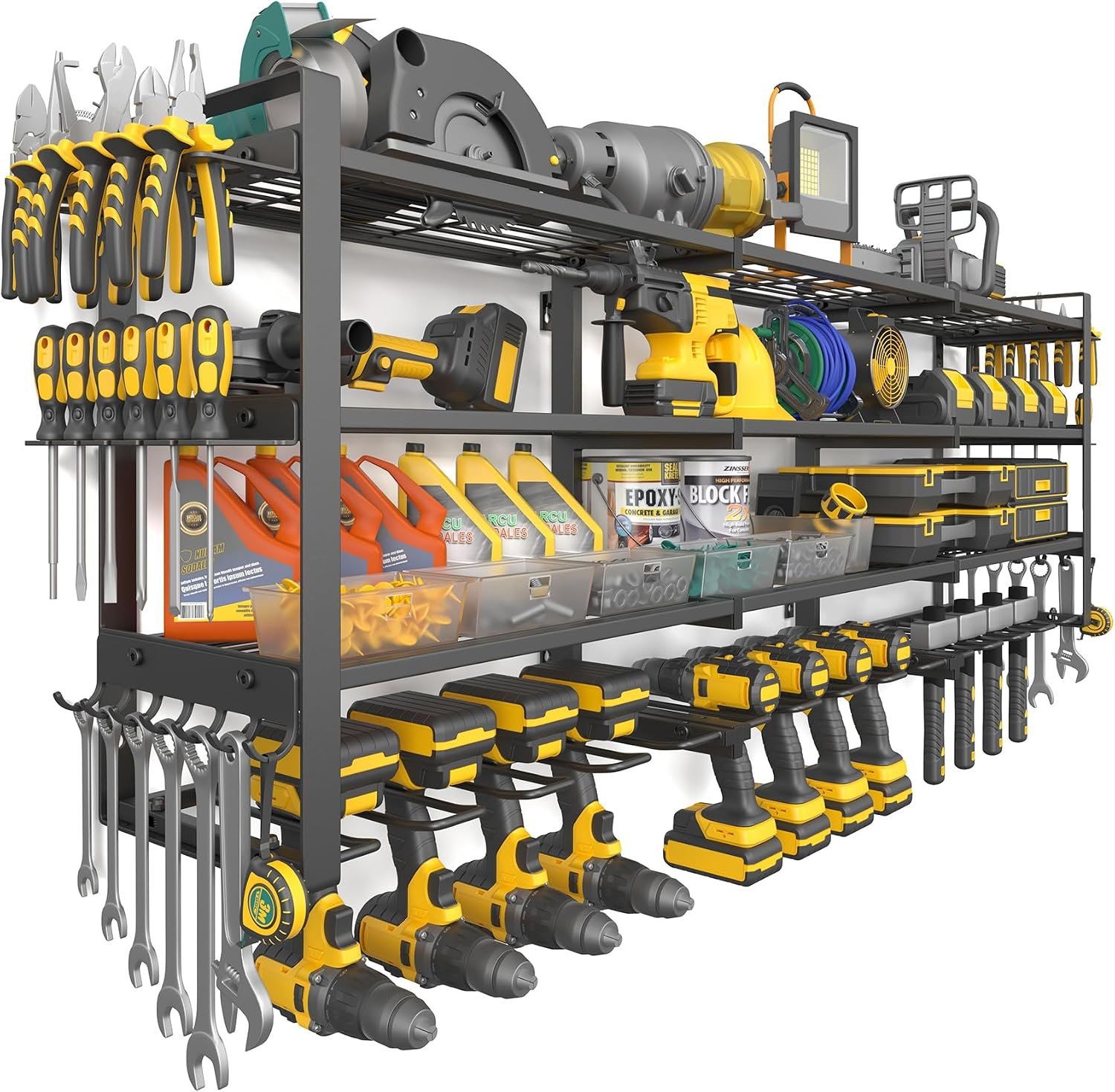 Jusgym Large 49”W Power Tool Organizer Wall Mount |650lbs Tool Garage Storage Rack with 12 Cordless Drill Holder |4-Tier Heavy Duty Garage Organization |Gifts for Men
