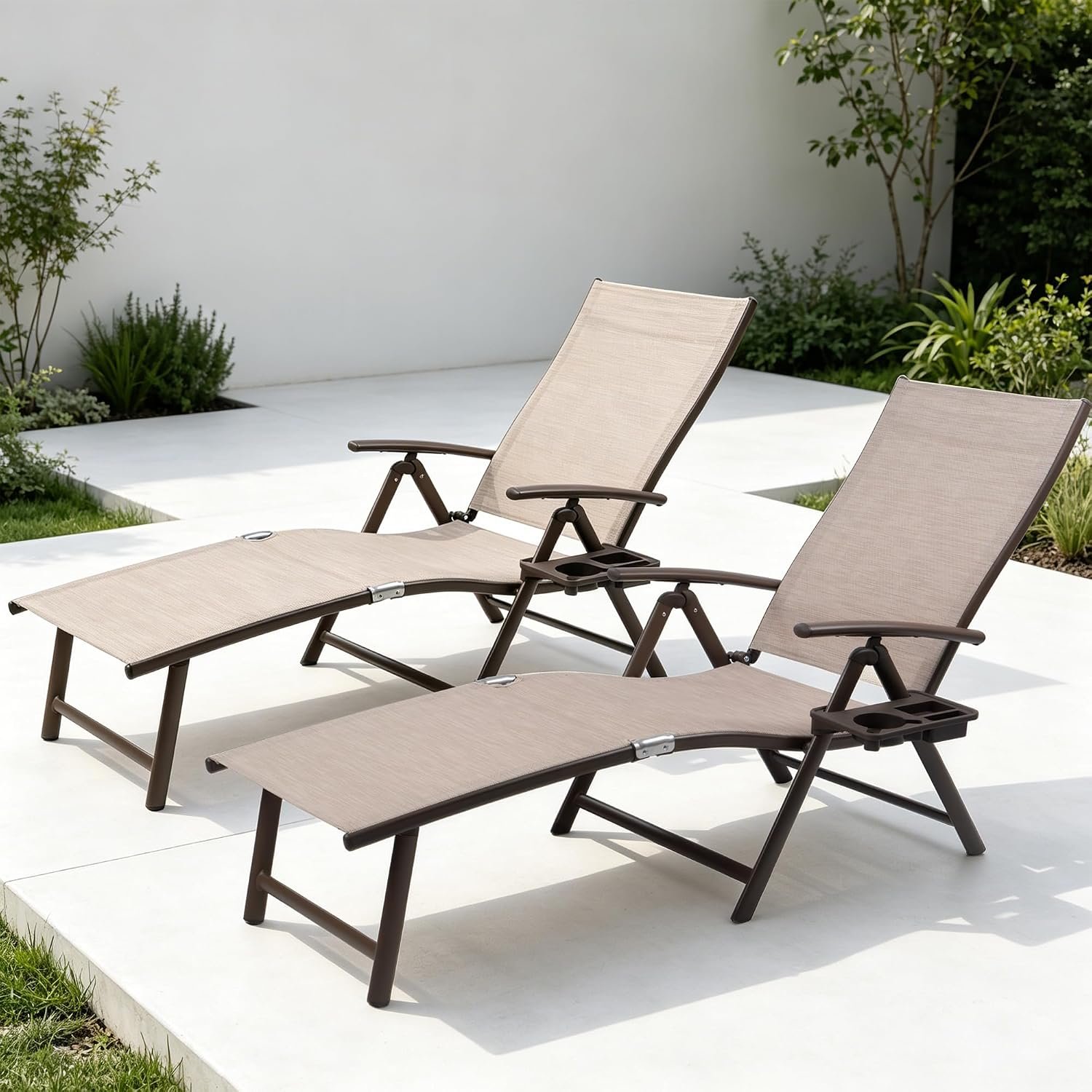 Kozyard 2 PiecesAluminum Outdoor Chaise Lounge Chair, Adjustable Reclining Patio Lounge with Drink Holder, Weather-Resistant Pool, Balcony, Yard Recliner, Assemble-Free, Beige