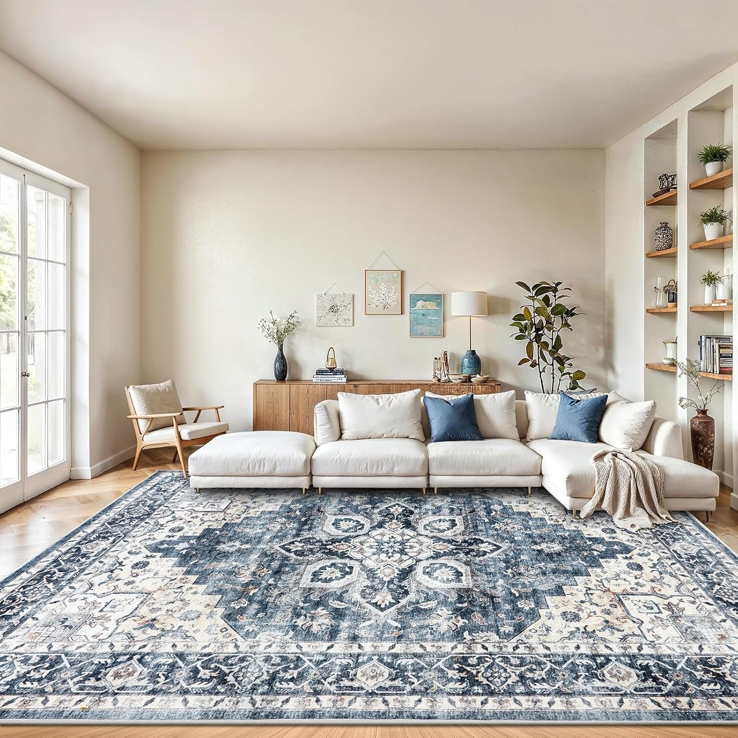 AMADA HOMEFURNISHING 8×10 Washable Area Rug, Low-Profile with Non-Slip Backing & Durable Edge Binding, Vintage Large Rugs for Living Room, Bedroom, Dining Room, Blue