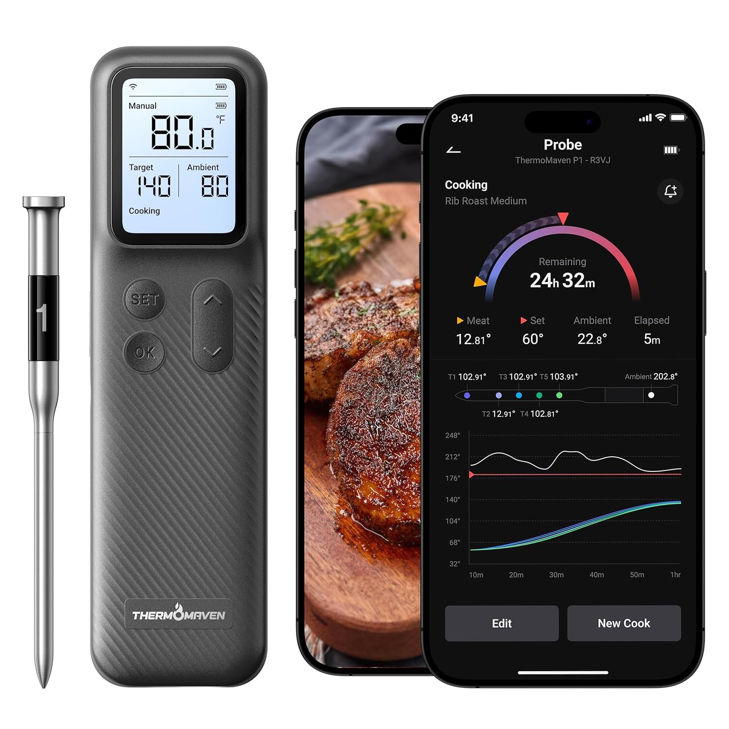 ThermoMaven Smart Bluetooth Wireless Meat Thermometer with WiFi App | Standalone Base, Ultra-Thin Probe, NIST ±0.5°F Accuracy, Real-Time Alerts, BBQ Grill Oven Kitchen, Steak Chicken Turkey Pork