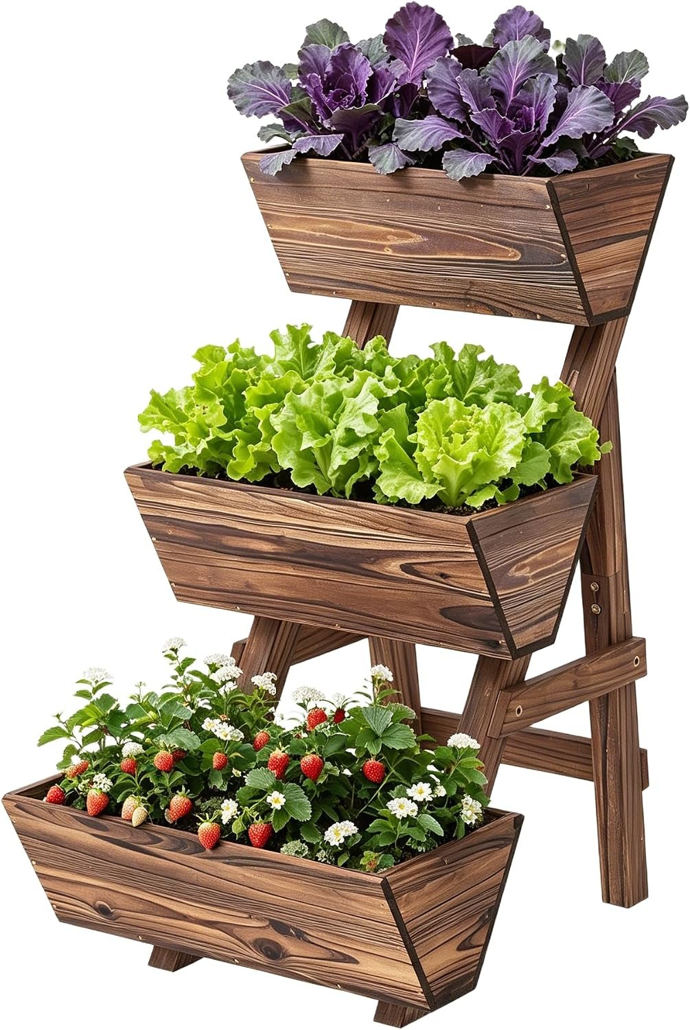 3-Tiers Wooden Raised Garden BedPlanter Box Gardening Outdoor Planter Box Patio Kit Tiered Planter Box Vertical Garden Planter Wood Plant Stand for Patio, Balcony, Freestanding (Carbonized S)