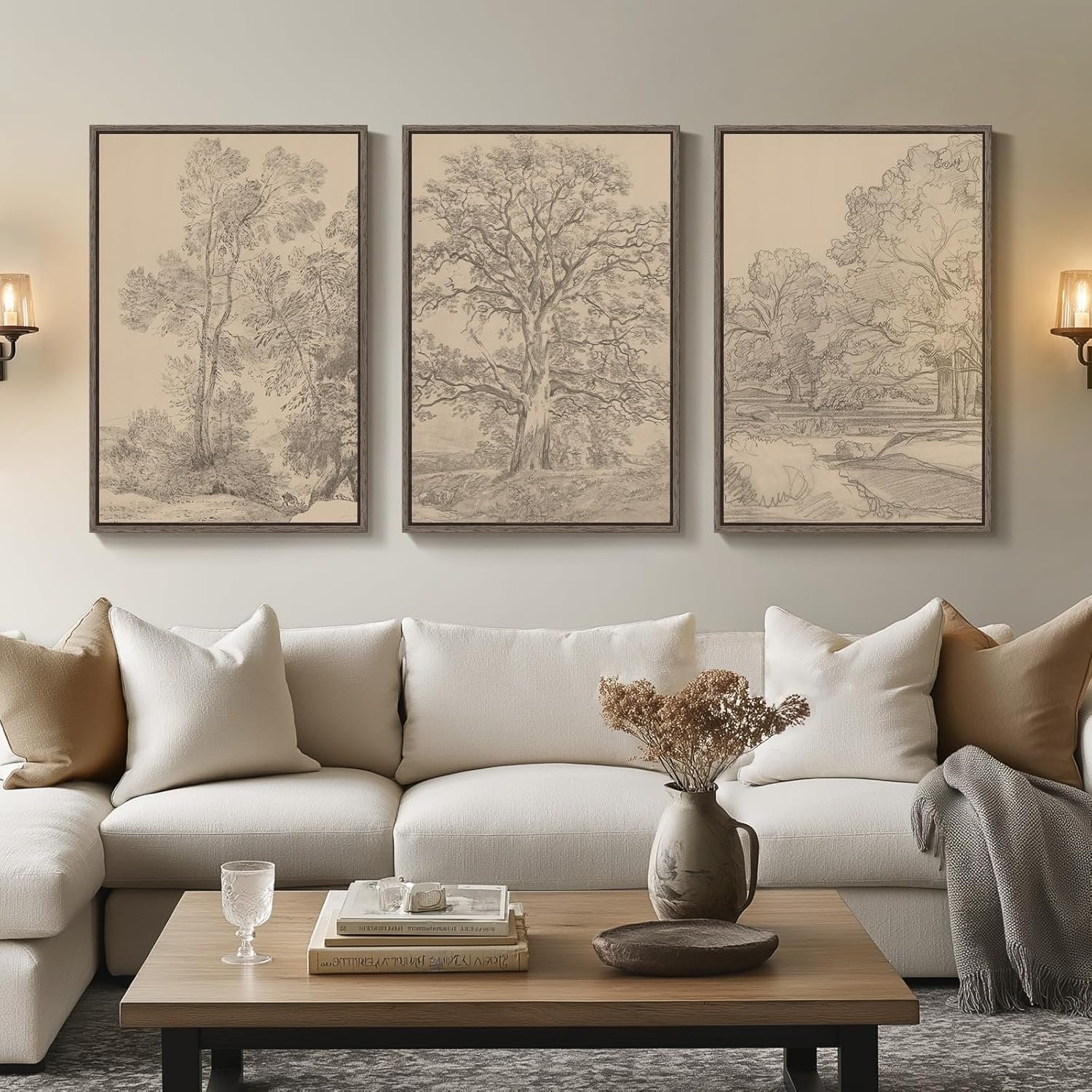 Large Vintage Framed Neutral Landscape Wall Art for Living Rooms, 3 Piece Retro Big Tree Sketch Botanical Forest Antique Canvas Artwork Set, Rustic Nature Wabi Sabi Art Prints for Hallway Home Office 24×36 Inch