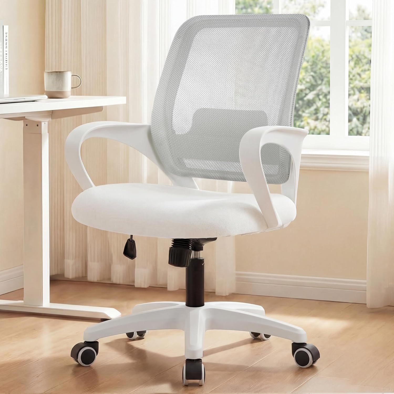 NEO Chair Office Desk Computer Ergonomic Chair Comfy Mid Back Mesh Seat with Lumbar Support Adjustable Height Swivel Rolling Wheels for Home Task Vanity Study Bedroom (Ivory-White Frame)