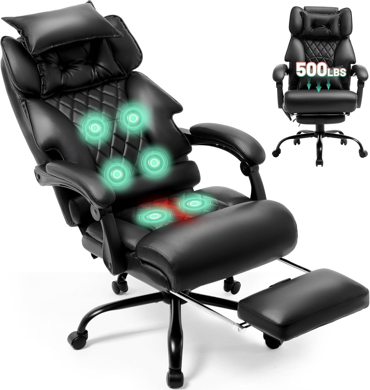 Massage Office Chair with Foot Rest,6 Points Vibration & Heat Executive Office Chairs,500LBS Big and Tall Office Chair for Heavy People,Ergonomic Reclining Desk Chair,Dual-Use Pillow,Home Office,Black