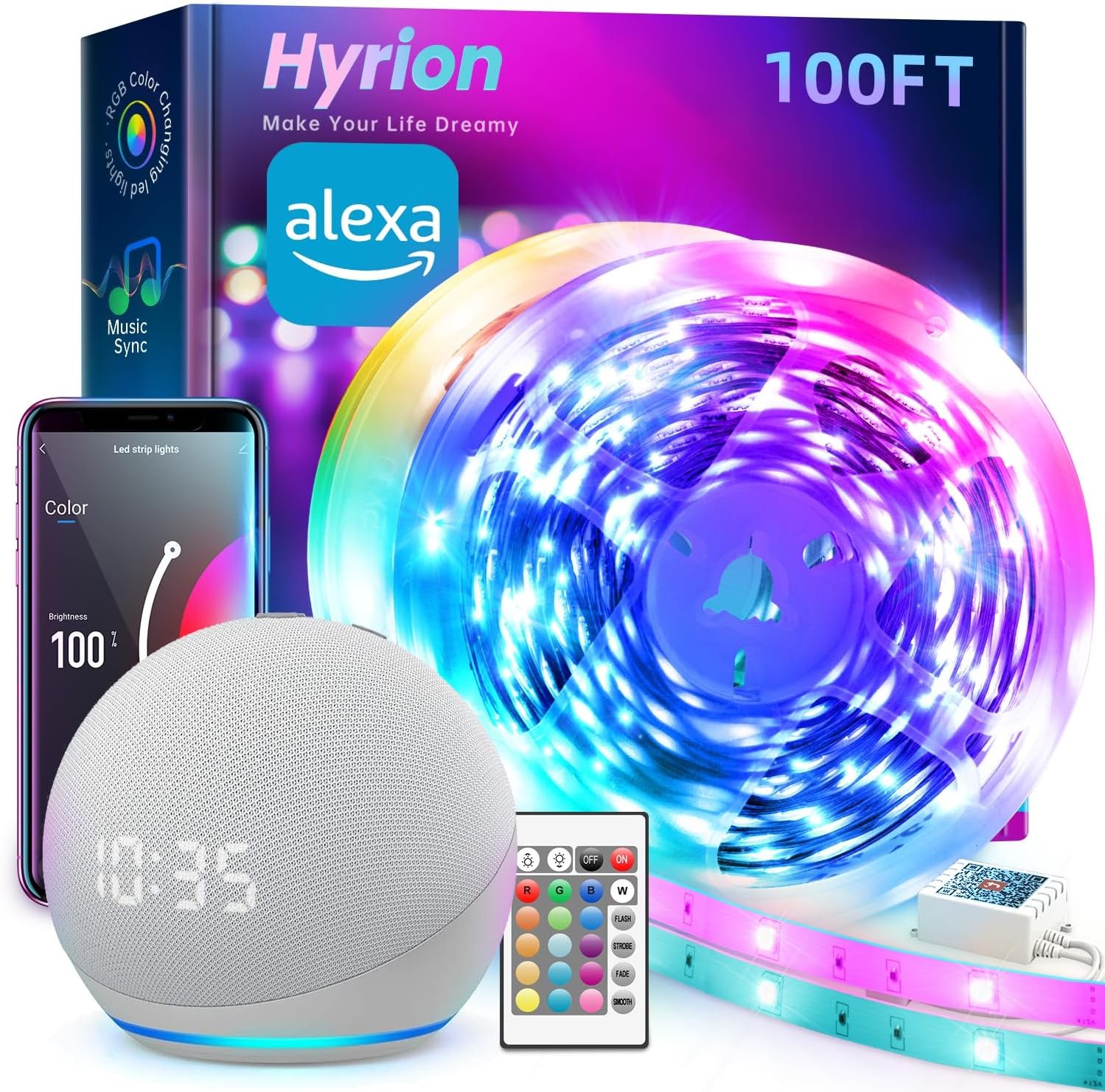hyrion Smart LED Strip Lights 100ft WiFi, RGB Color Changing Lights Work with Alexa and Google Assistant, 16 Million Colors with App Control and Voice Control Led Lights for Bedroom, Room Decor