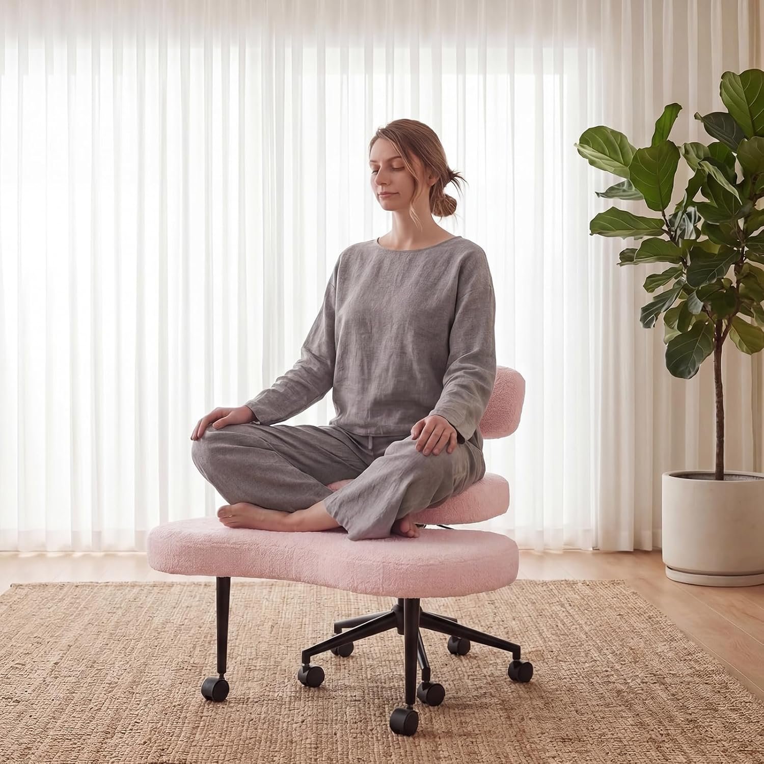 DUMOS Ergonomic ADHD Cross Legged Office Desk Chair with Adjustable Backrest, Height Adjustable Meditation Chair with 360° Swivel Footstool, Teddy Fleece Yoga Stool for Home Office, Pink