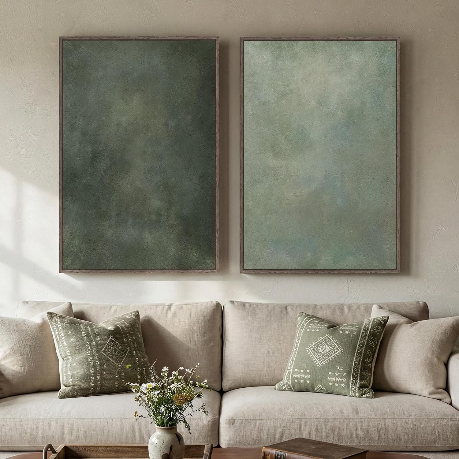 Large Framed Green Abstract Wall Art, 2 Piece Modern Canvas Art Prints Paintings, Minimalist Sage Green Abstract Pictures for Living Room, Hallway, Dining Room, Bedroom, Office Wall Decor 24×36 In