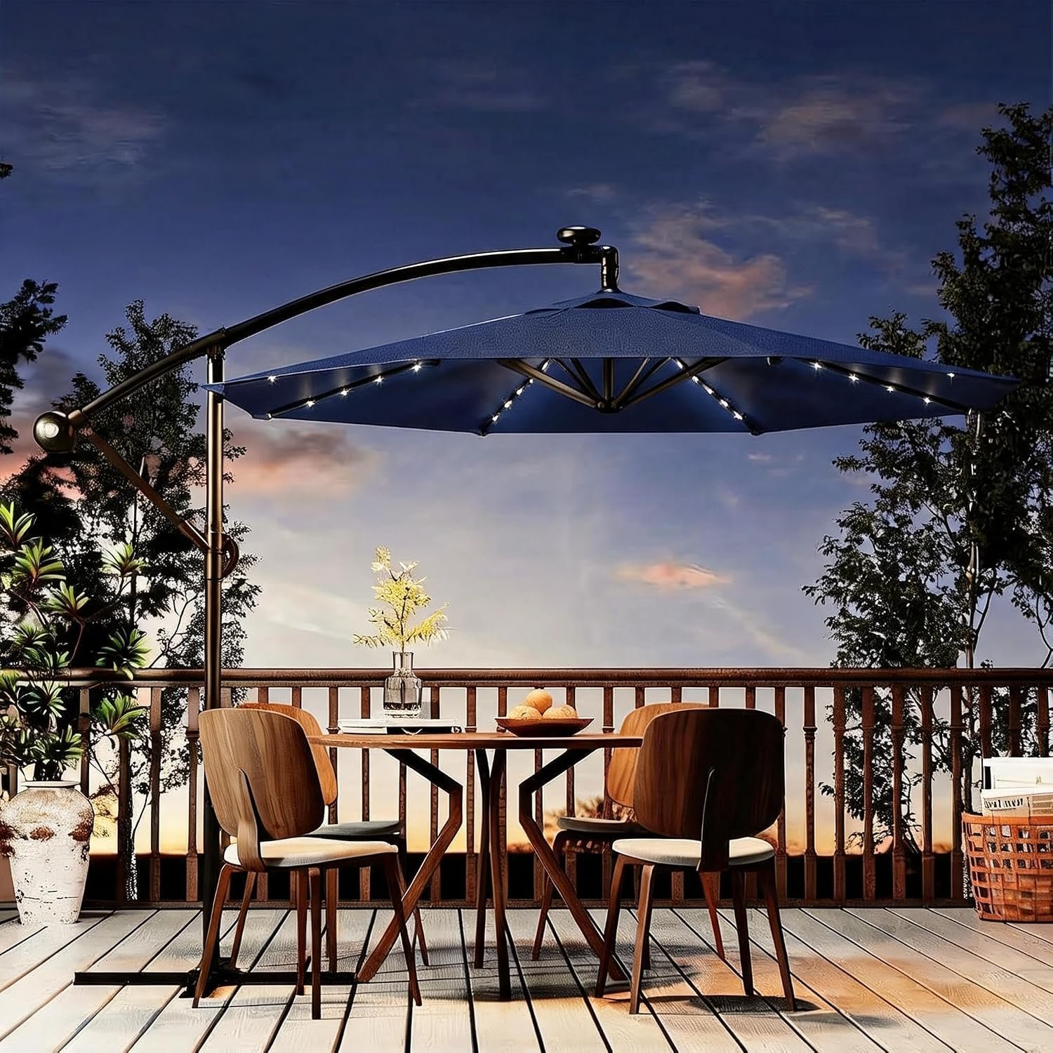 Garvee 10FT Solar Lights Offset Patio Umbrella with Cross Base, Cantilever Umbrella with Easy Lift & Tilt Adjustment, 8 Ribs Sun umbrella UV Protection for Backyard, Pool, Garden, Navy Blue