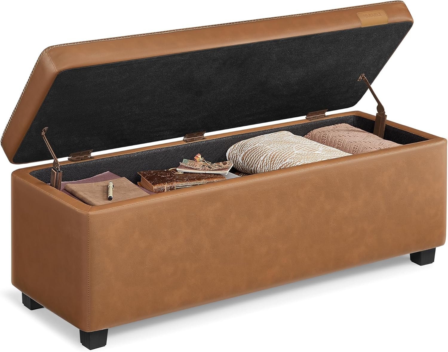 VASAGLE EKHO Collection – Storage Ottoman Bench, Entryway Bedroom Bench, 25 Gallons, Synthetic Leather with Stitching, Mid-Century Modern, Safety Hinges, Loads 660 lb, Caramel Brown ULOM075K01
