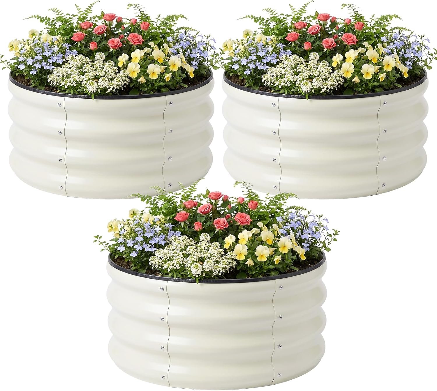 SnugNiture 3 Pcs 2x2x1ft Round Galvanized Raised Garden Bed Kit Outdoor, Metal Planter Box for Planting Plants Vegetables, White