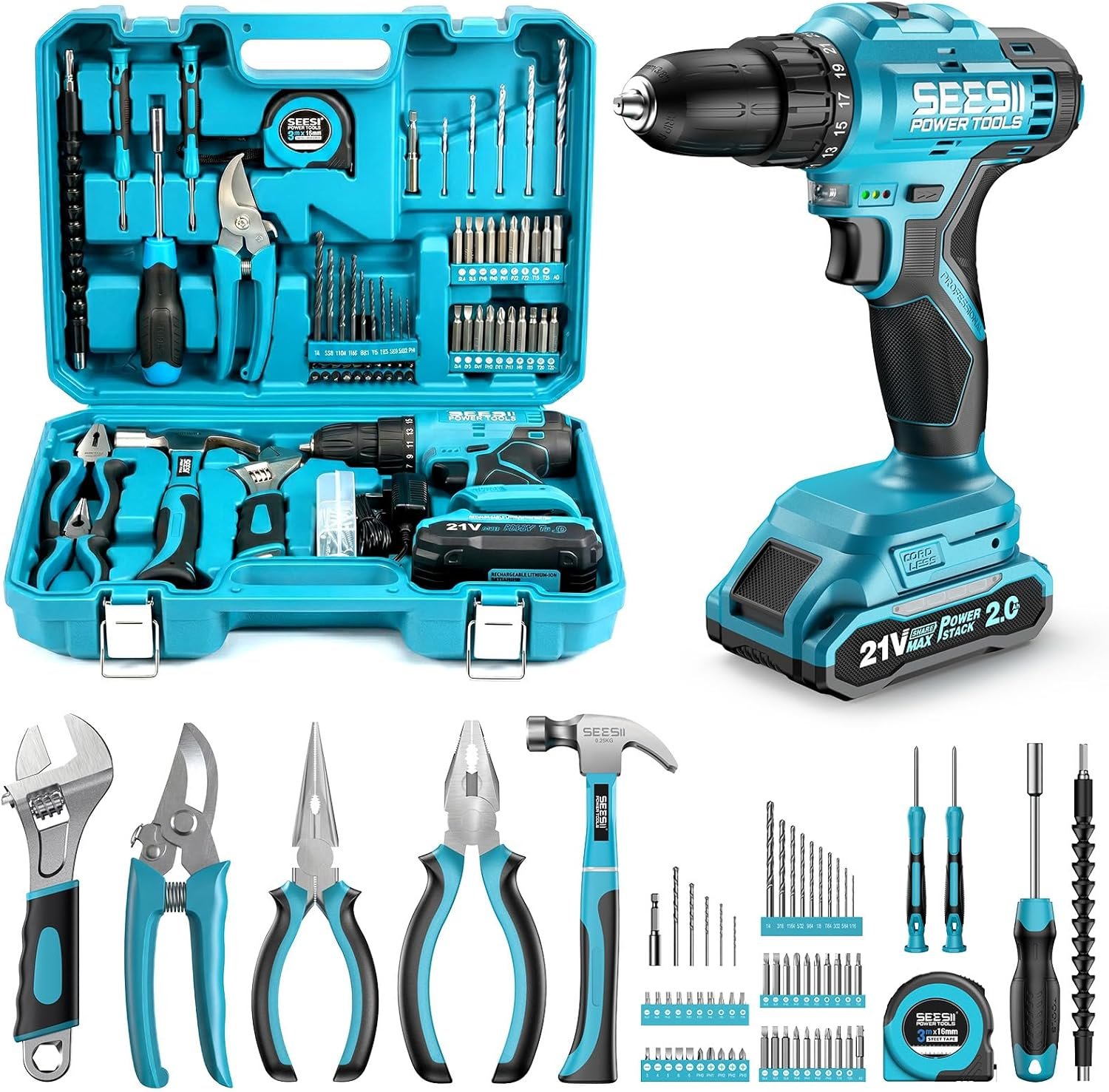 Seesii 21V Cordless Drill Tool Kit – 190Pcs Power Tool Combo Set, Hand Tool Kit with Toolbox, Electric Drill Driver for Home Hand Repair DIY