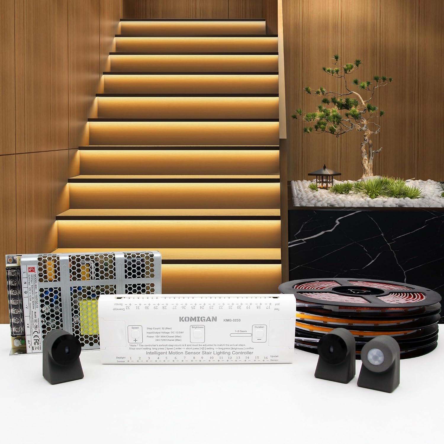 Intelligent Motion Triggered LED Stair Lighting Kit KMG-3233, 40″ Cuttable LED Strip Light for Indoor LED Stair Lights (Warm White 3000K,16 Stairs)