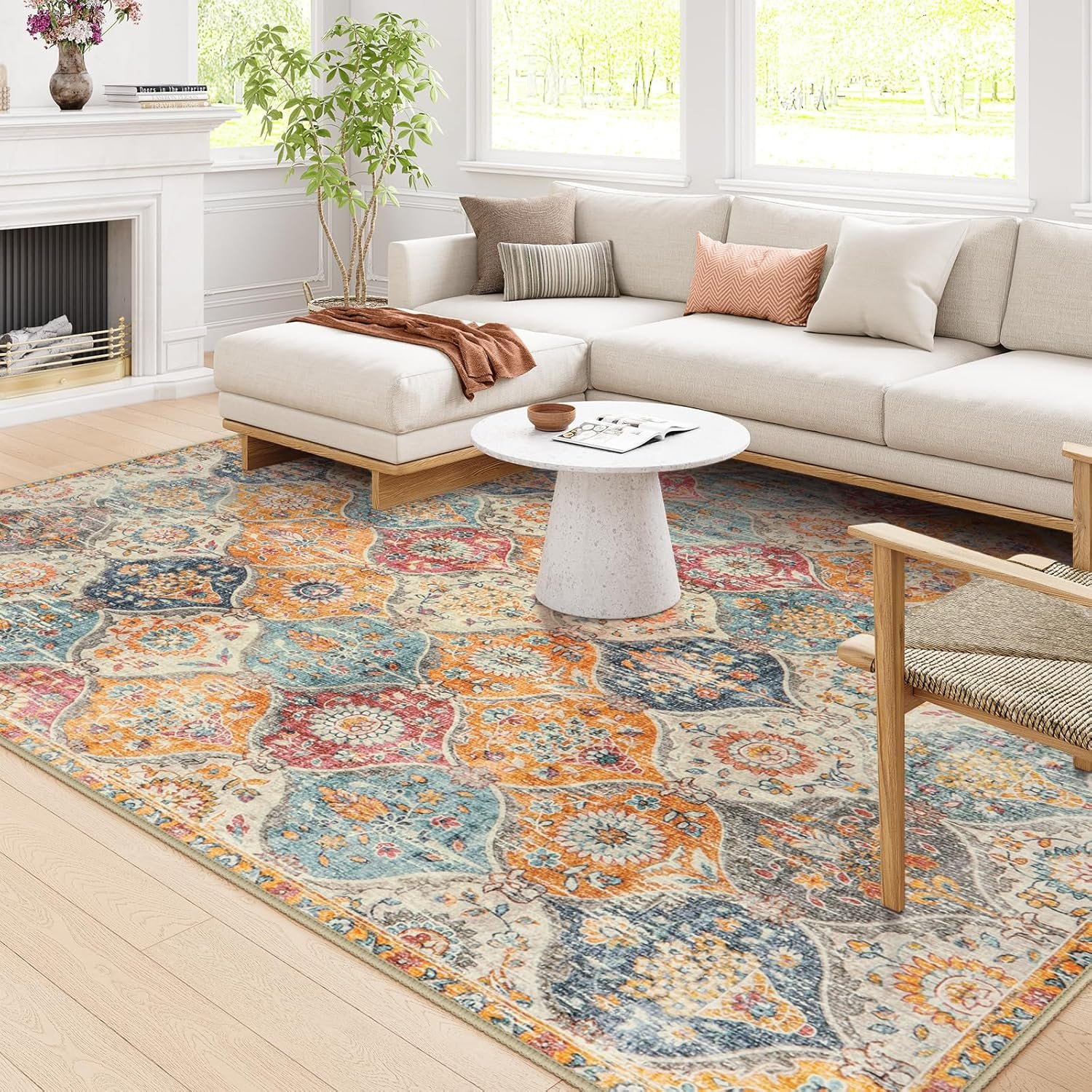 Lahome Moroccan Washable Area Rugs 8×10, 8×10 Rugs for Living Room Bedroom, Non Slip Low Pile Distressed Stain Resistant Rug for Kids Pets High Traffic Areas Elise, Burnt Orange