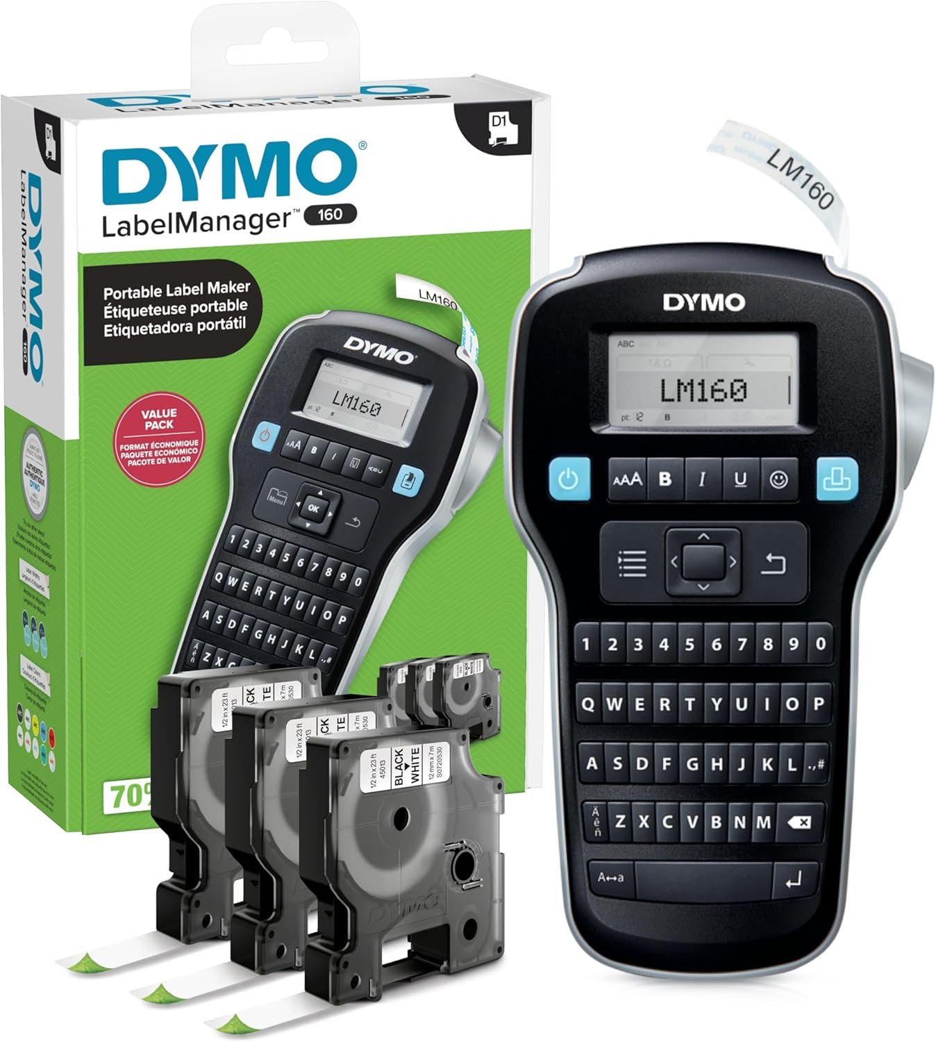 DYMO LabelManager 160 Label Maker Bundle with 3 D1 Label Cassettes, Portable Handheld, QWERTY Keyboard, One-Touch Smart Keys, Large Display, Home & Office Organization