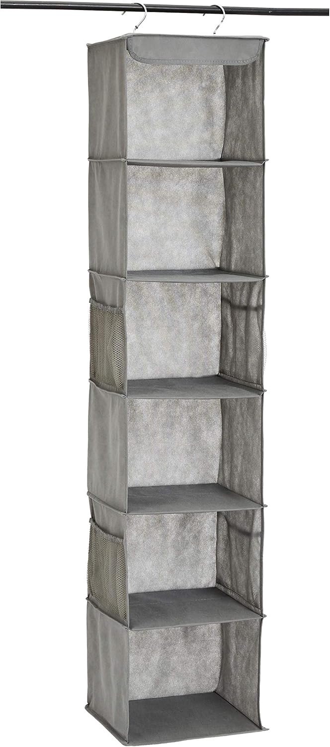 Amazon Basics 6-Tier Hanging Closet Shelf Organizer with Pockets, Clothes Storage for Sweaters and Clothing, 12″ W x 9″ L x 8.5″ H, Grey | Organizer