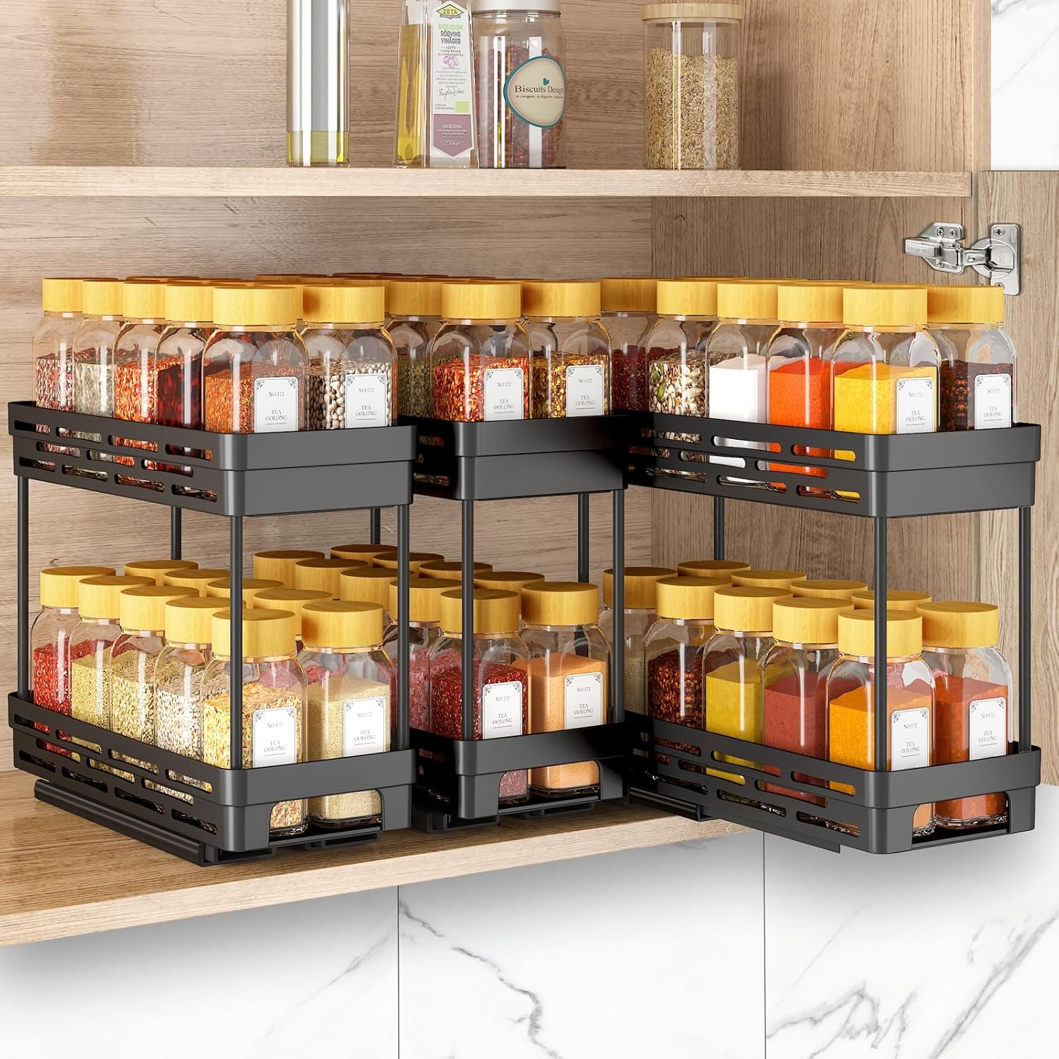 Pull Out Spice Rack Organizer for Cabinet, 3 Packs Slide Out Spice Racks Organizer, Spice Cabinet Organizers, Cabinet Size Need:12” Highx11” Deepx5” Wide,Each Tier Hold 10 Spice Jar – 2 Tier, Black