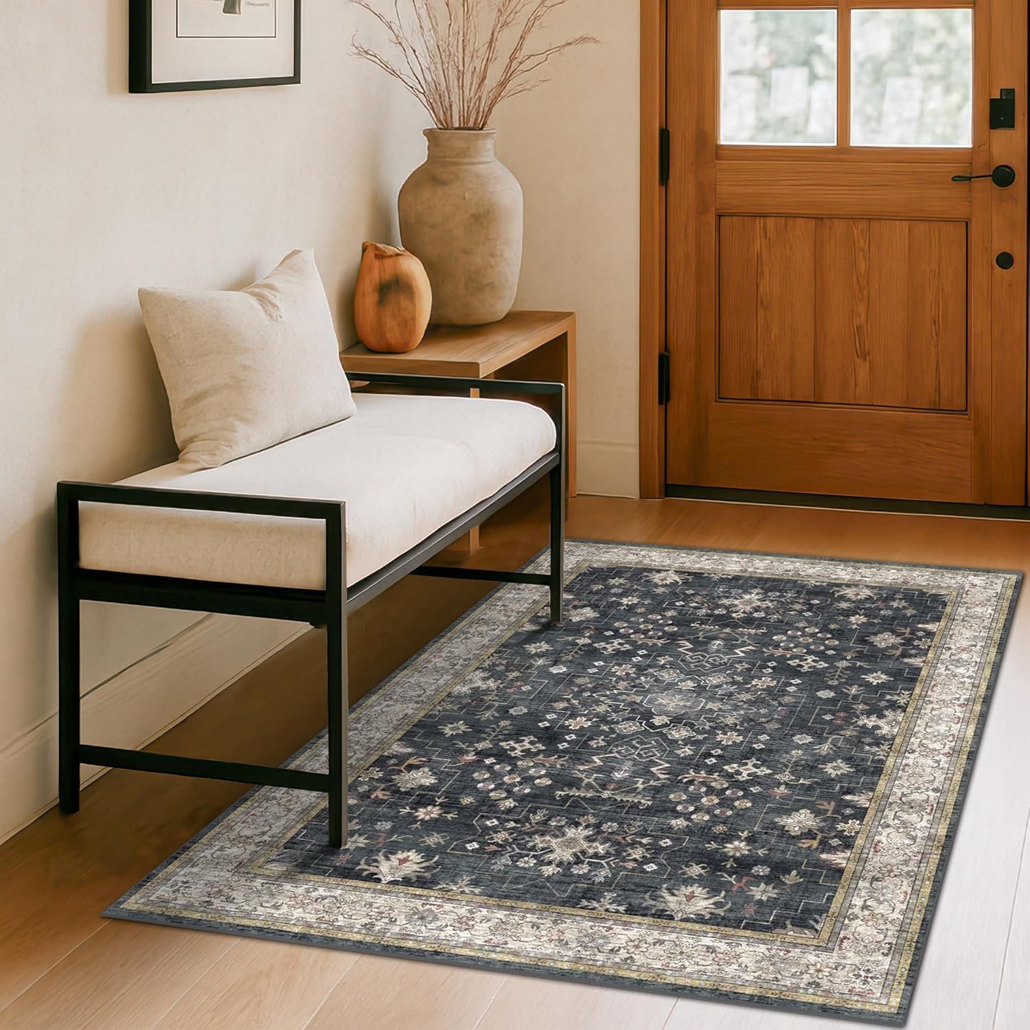 Boho Washable 4×6 Entryway Rug – Non-Slip Low Pile Geometric Area Rug for Living Room, Large Kitchen, Bedroom, Office – Ultra Soft Dark Modern Aesthetic Decor, Black & Multi