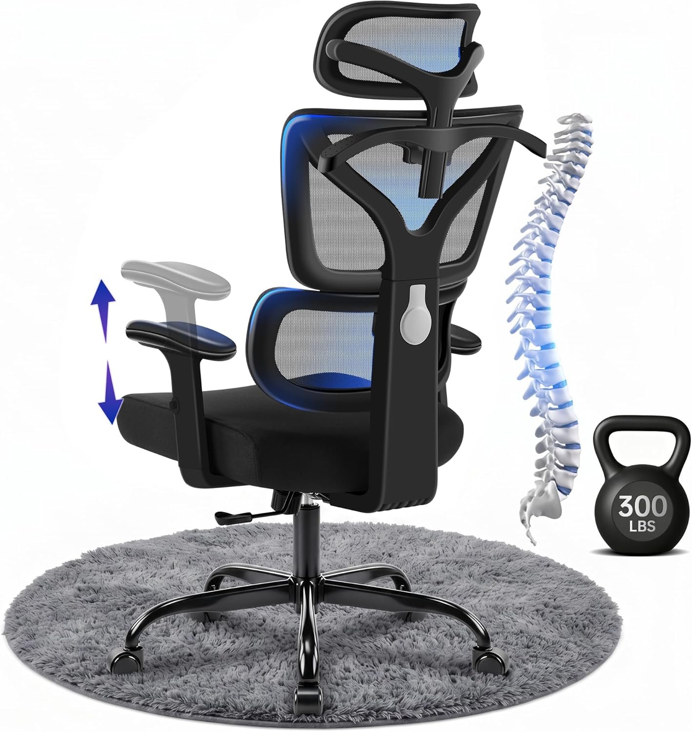 Ergonomic Office Chair, High Back Mesh Computer Chair with Comfortable Adaptive Lumbar Support, Built-in Coat Hanger, SGS Class 4 Gas Lift, Heavy Duty 300lbs for Long Hours Home Office, Black