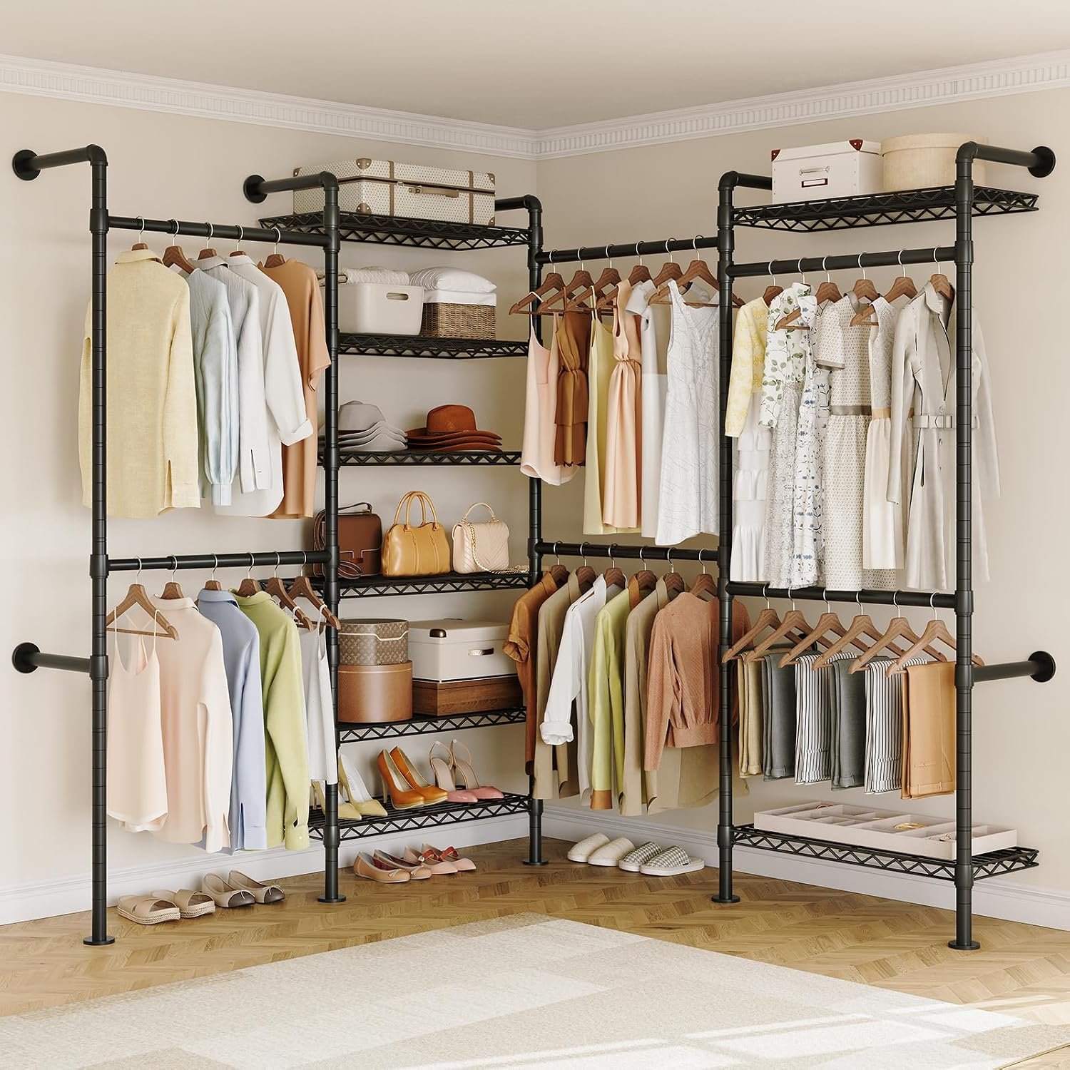 ONBRILL L4 Wall Mounted Industrial Pipe Clothing Rack, Closet Organizer System with 6 Hanging Clothes Rods ( 4 Expandable Rods) & 8 Shelves, Heavy Duty Corner Garment Rack, Large Wardrobe – Black