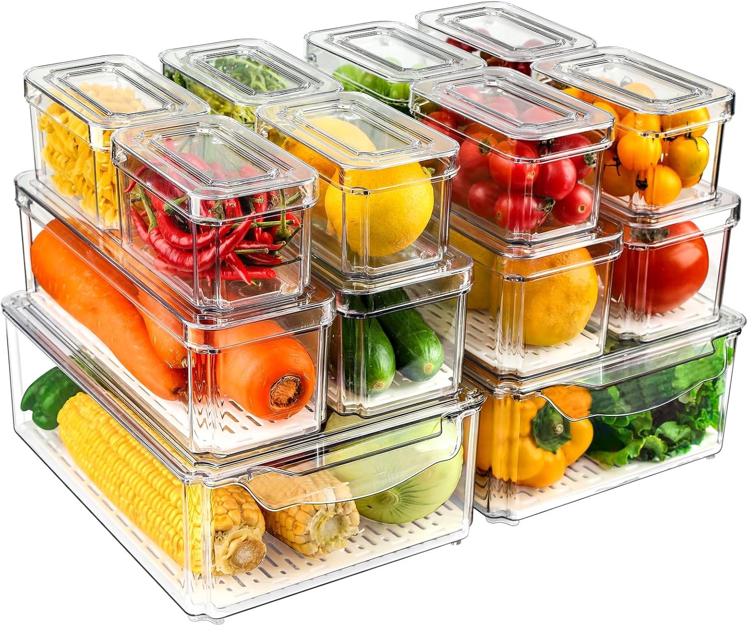 14 Pack Fridge Organizers and Storage – Refrigerator Organizer Bins with Lids, BPA-Free Fridge Organization, Fruit Storage Containers for Fridge, Vegetable, Food, Drinks, Cereals, Clear