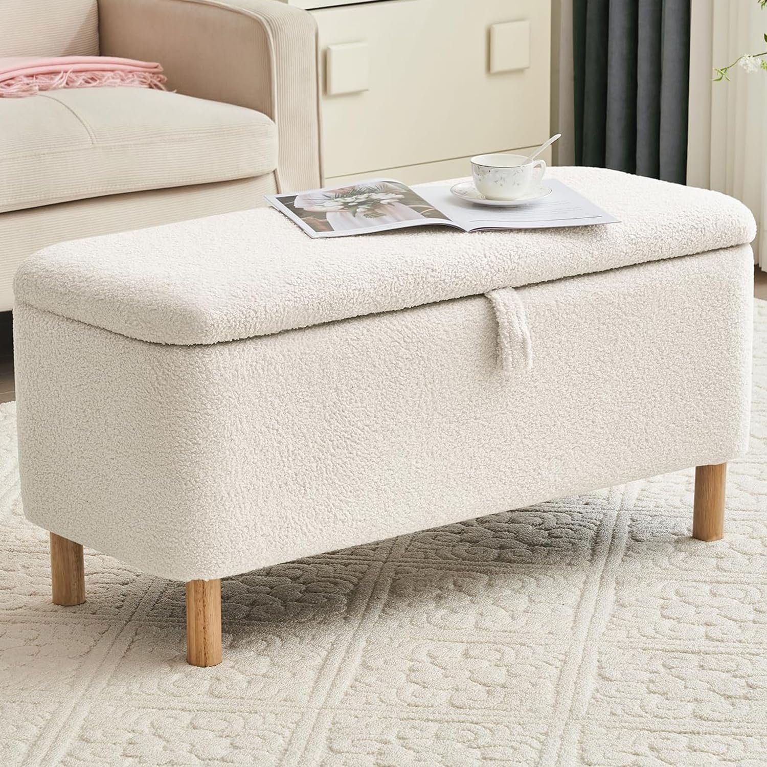 Boucle Storage Ottoman Bench for Bedroom end of Bed, Sherpa Upholstered Shoe Seat Storage Bench for Entryway Bed Foot, Rectangle Cushion Padded Blanket Chest Cute for Living Room, White