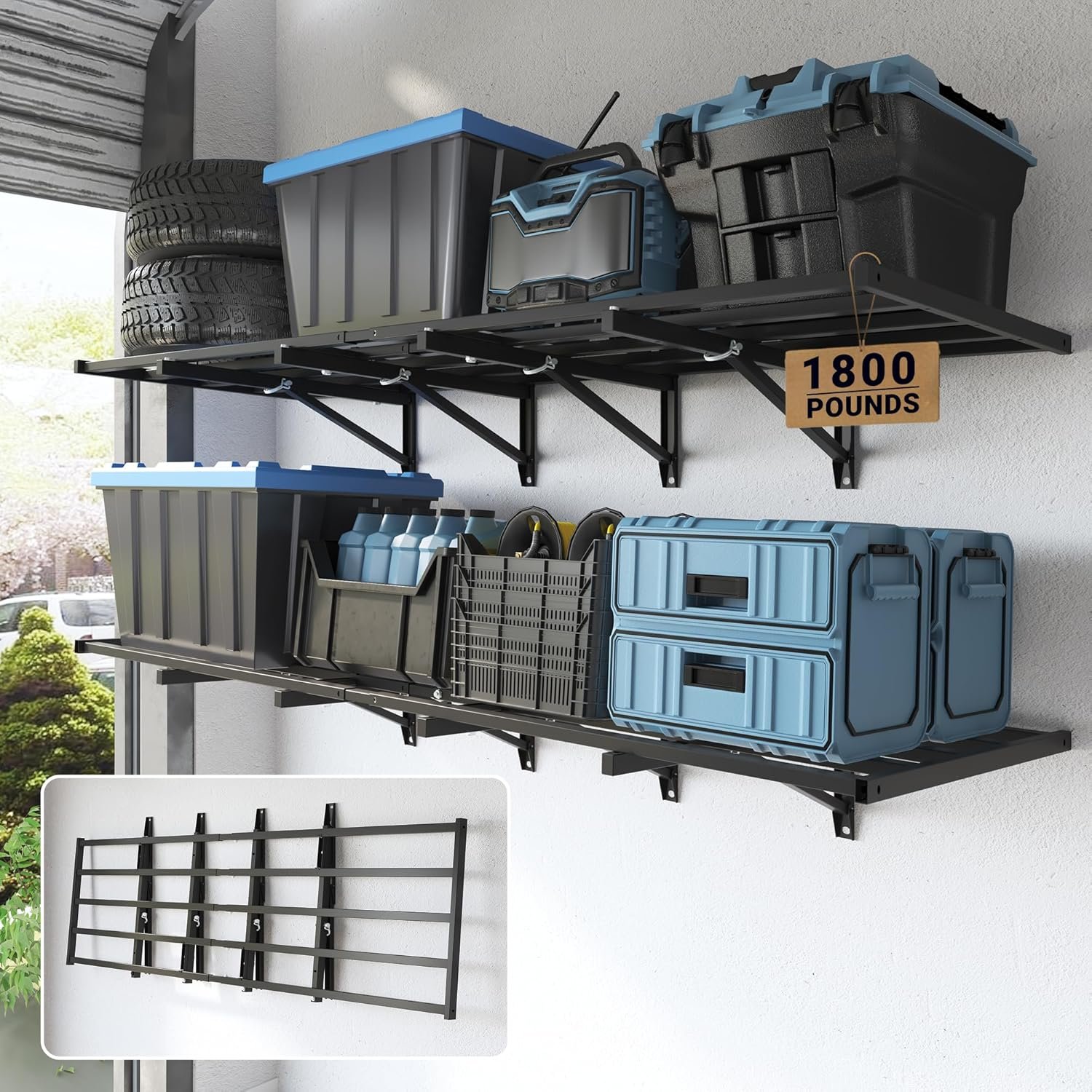 FLEXIMOUNTS Fold-Down 2x6ft Garage Wall Shelving, 2-Pack Heavy Duty Folding Garage Shelving Wall Mounted, 1800 lbs Capacity, Storage for Power Tools, Garden Supplies & Seasonal Storage, Lite Series