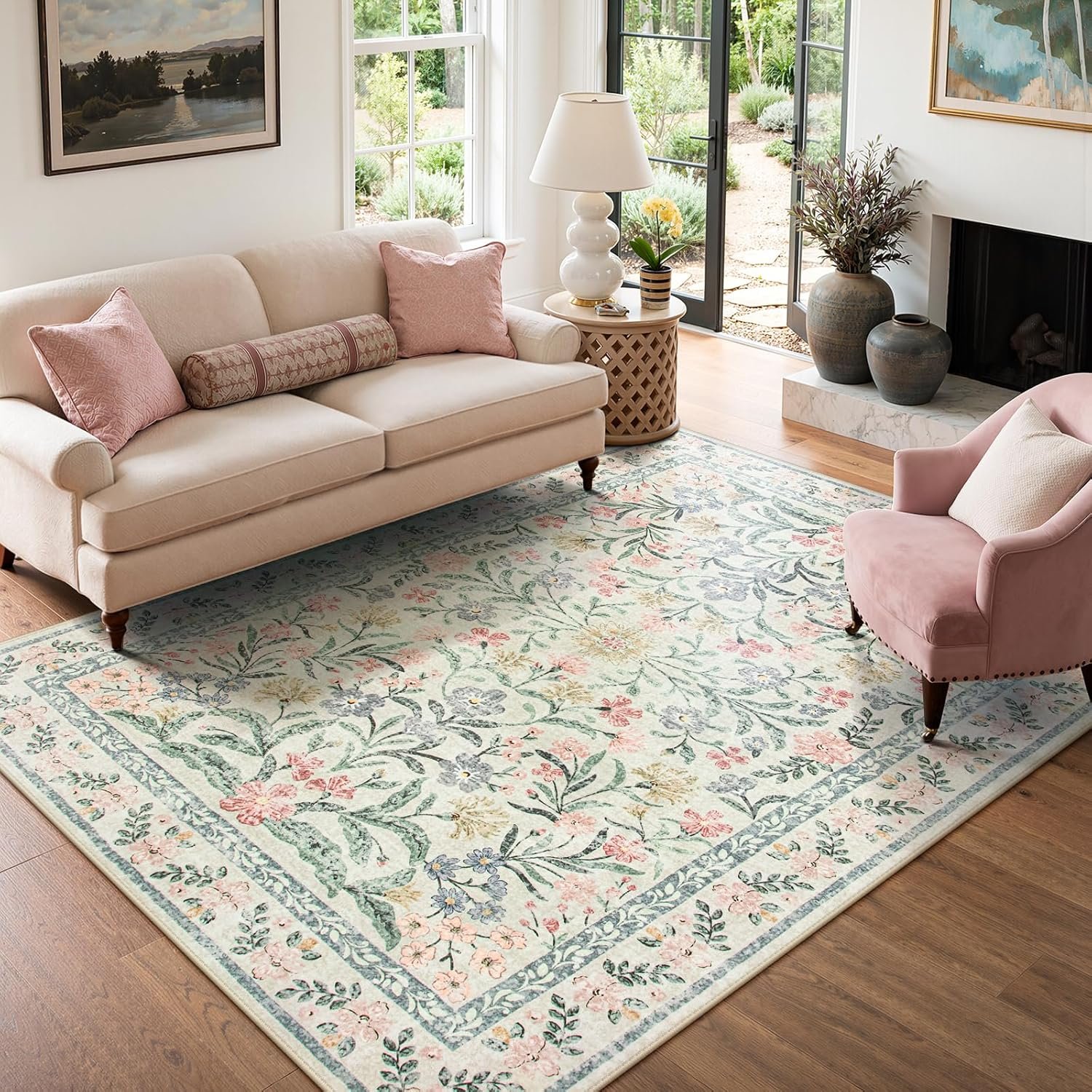 Lahome Boho Rugs for Living Room 5×7, Machine Washable Area Rugs Non-Slip, Vintage Floral Soft Kids Bedroom Carpet Rug for Home Girls Playroom Foyer Entryway, Beige/Multi
