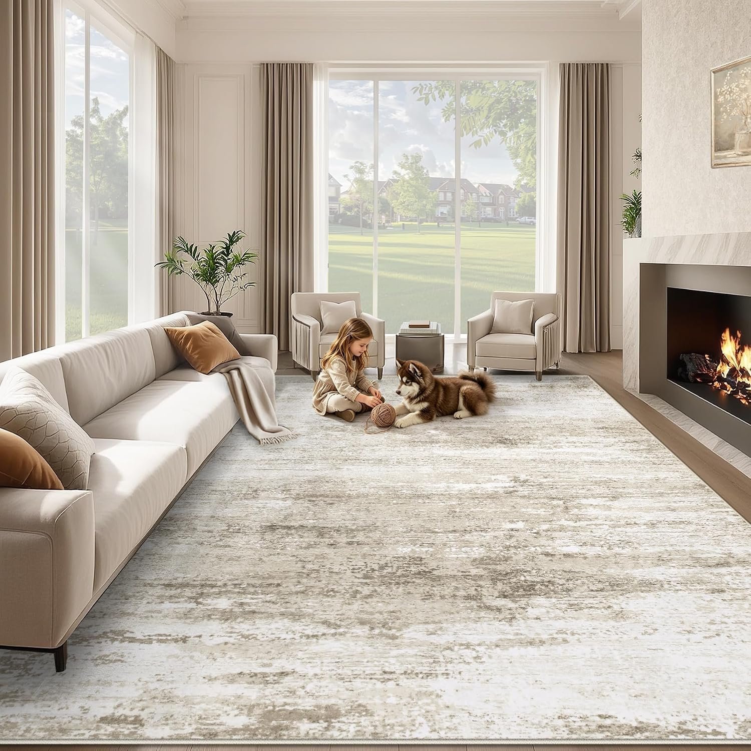 Washable Rug 8×10 Area Rugs for Living Room: Large Neutral Soft Rug Abstract Non Slip Low Pile Modern Carpet for Bedroom Kitchen Nursery Office Dining Room Indoor (Beige, 8’x10′)