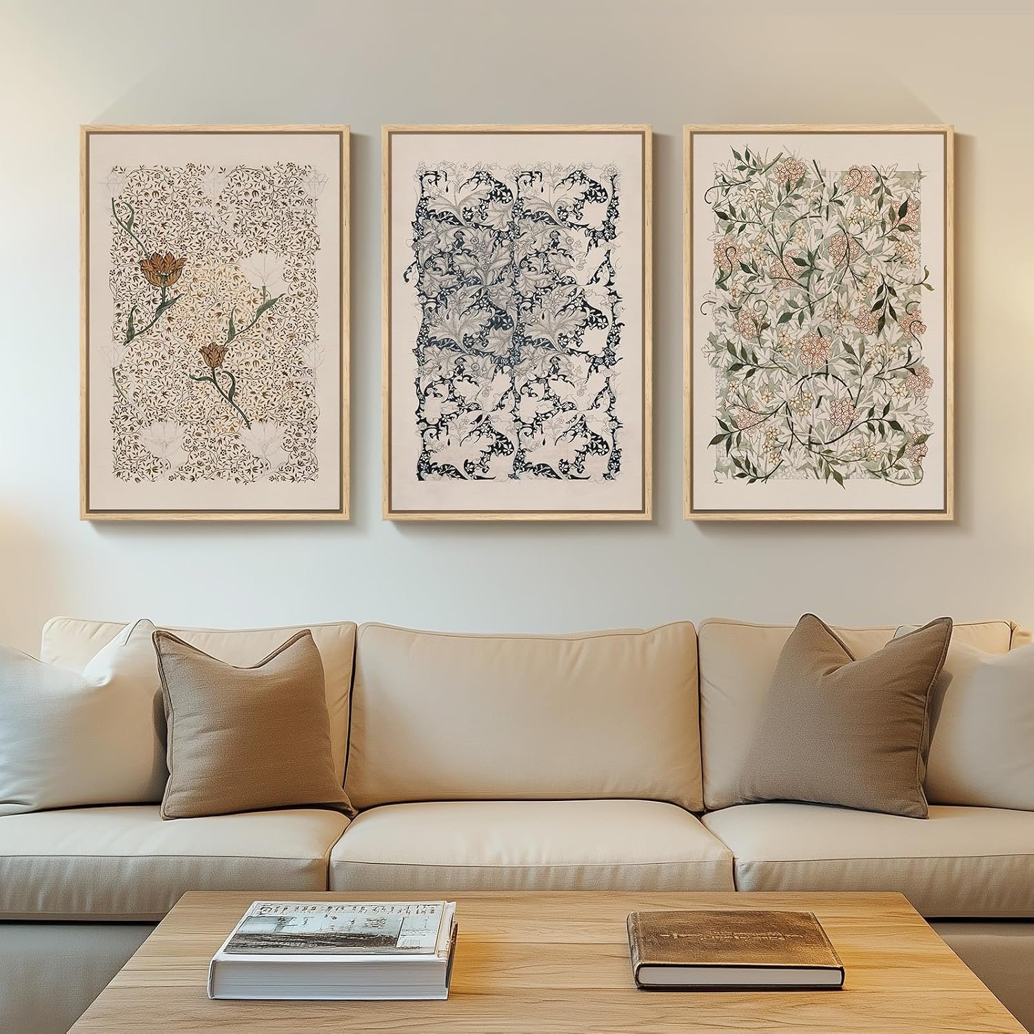 Framed Large William Morris Canvas Wall Art Set of 3, Vintage Nature Floral Artwork Prints, Boho Neutral Botanical Wall Decor for Living Room, Bedroom, Hallway and Office, Total Size 30×60