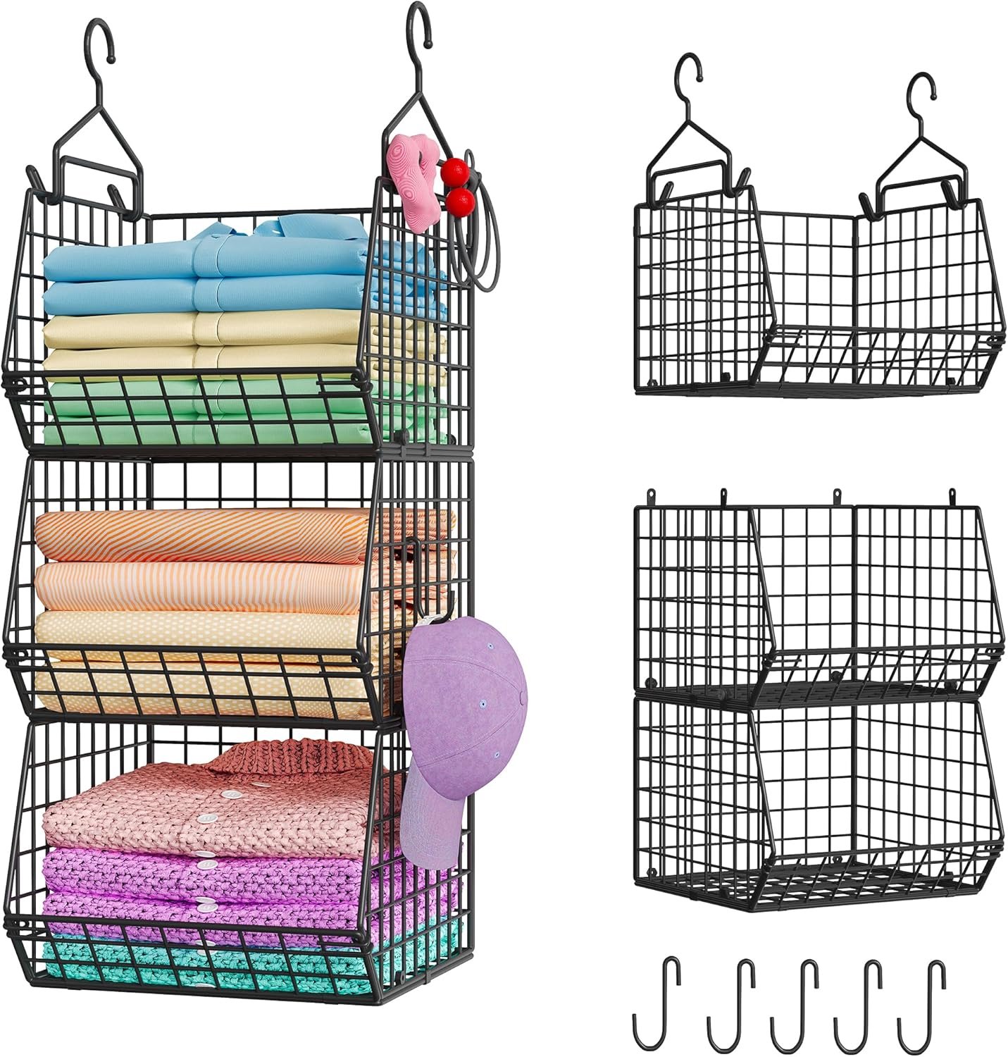 X-cosrack 3-Tier Hanging Closet Organizer, Laundry Room Organization | Space Saving Shelves with 1.65″ Hook & 5 S-Hooks | Hanging Wire Baskets (12.4″ W x 8.8″ H x 10.24-11.8″ D)