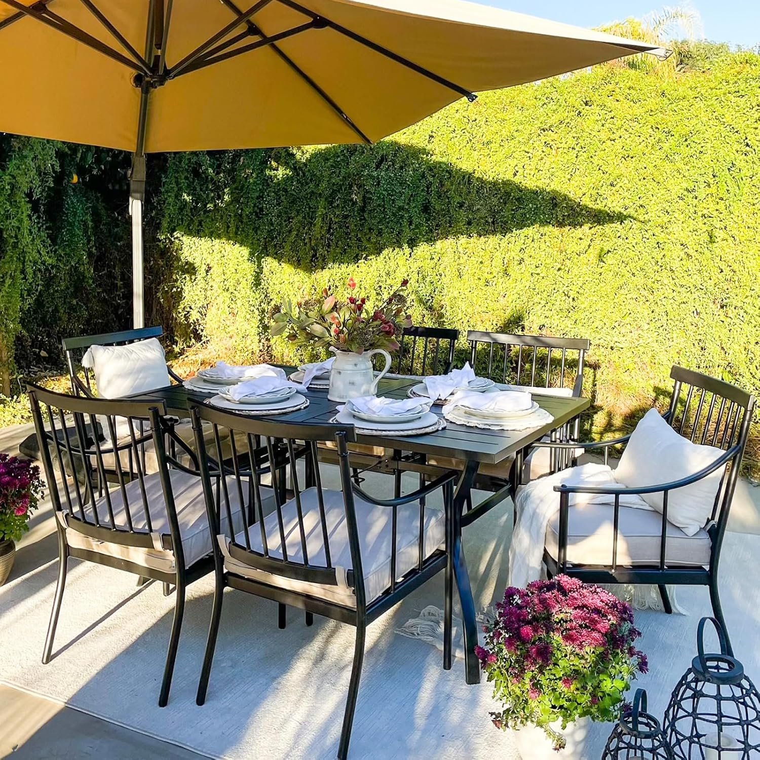 MFSTUDIO Outdoor Dining Set for 6, Patio Table and Chairs Set for Backyard Deck Garden, 7 Piece Patio Dining Set with Umbrella Hole