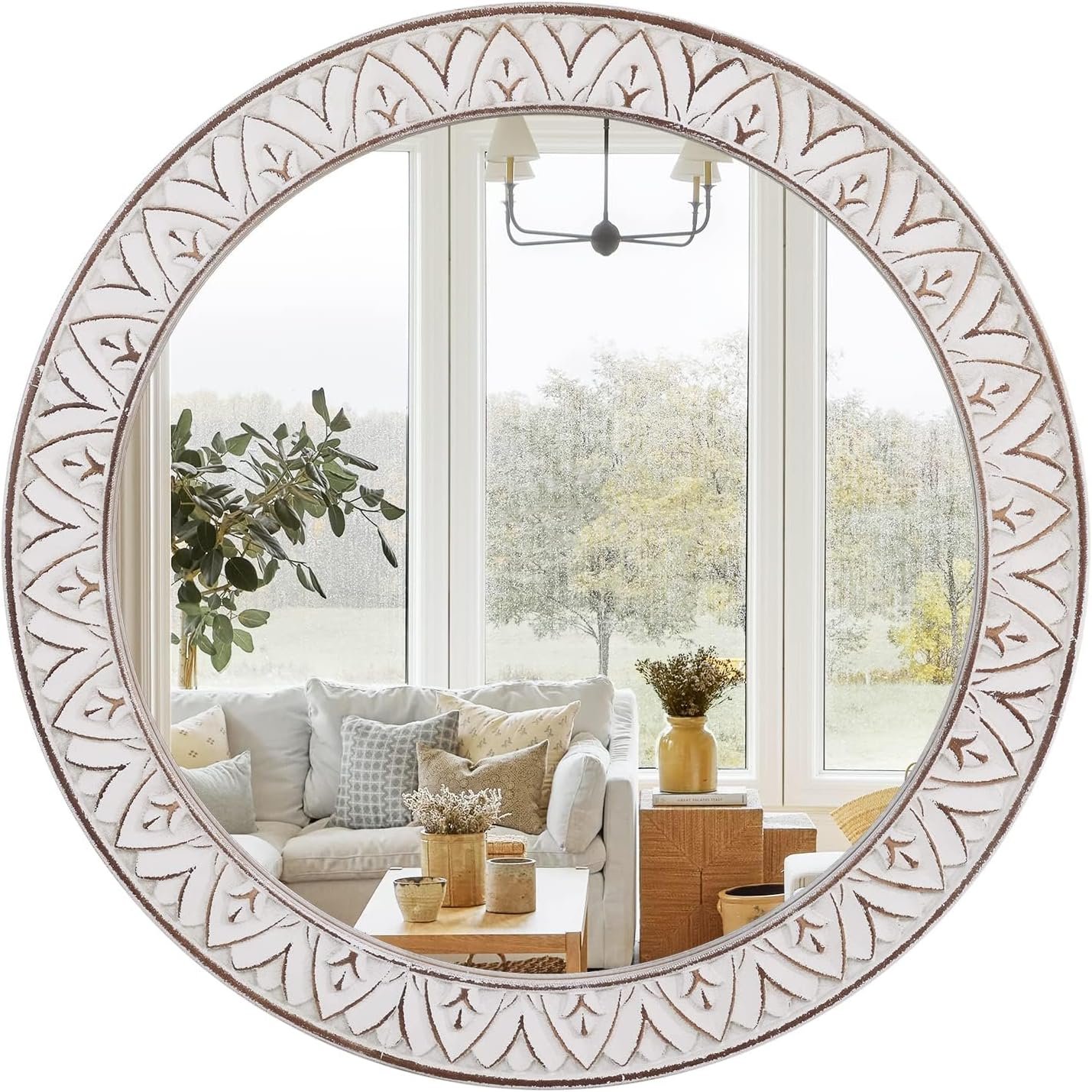 24″ Round Mirror Farmhouse Wooden Frame Circle Mirrors, Rustic Decorative Distressed Wall Mounted Mirror for Bathroom, Bedroom, Living Room, Entryway, Fireplace, Hall