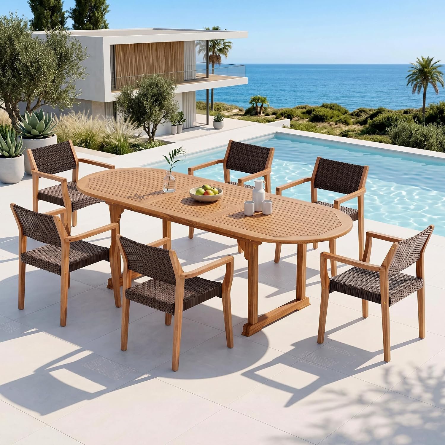 PHI VILLA Outdoor Dining Set for 6, Expandable Acacia Wood Table & Chairs | 7pc teak patio furniture set.Large farmhouse set for deck, porch, backyard.
